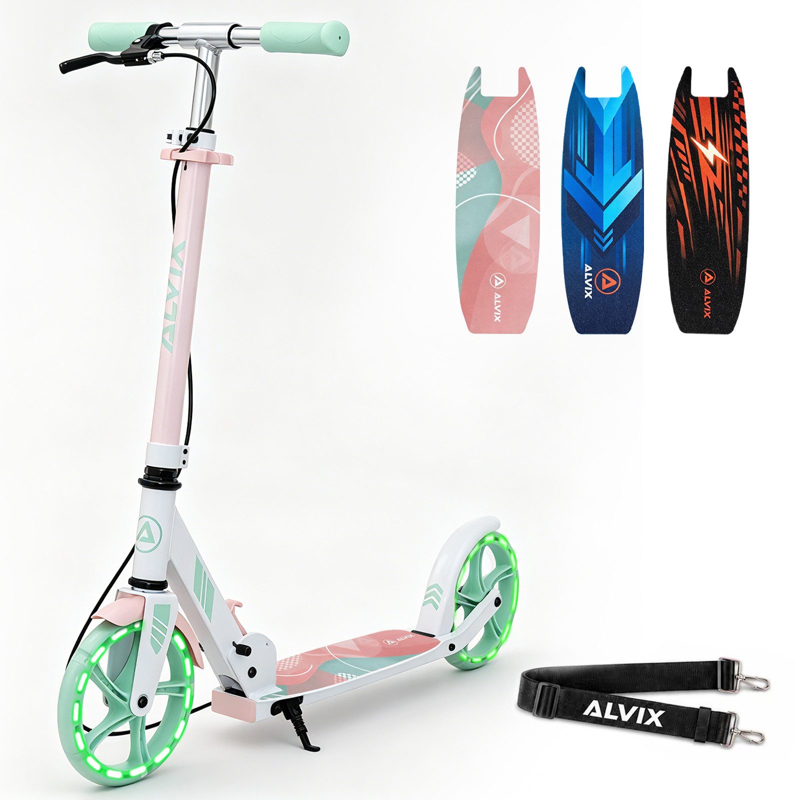 ALVIX Cityroller Kinderroller K-Serie mit Handbremse, (Einzelartikel, 1 Scooter, 1 Tragegurt, 1 Bedienungsanleitung), 200-mm-LED-Räder, breites 120-mm-Deck, faltbar, Tragegurt