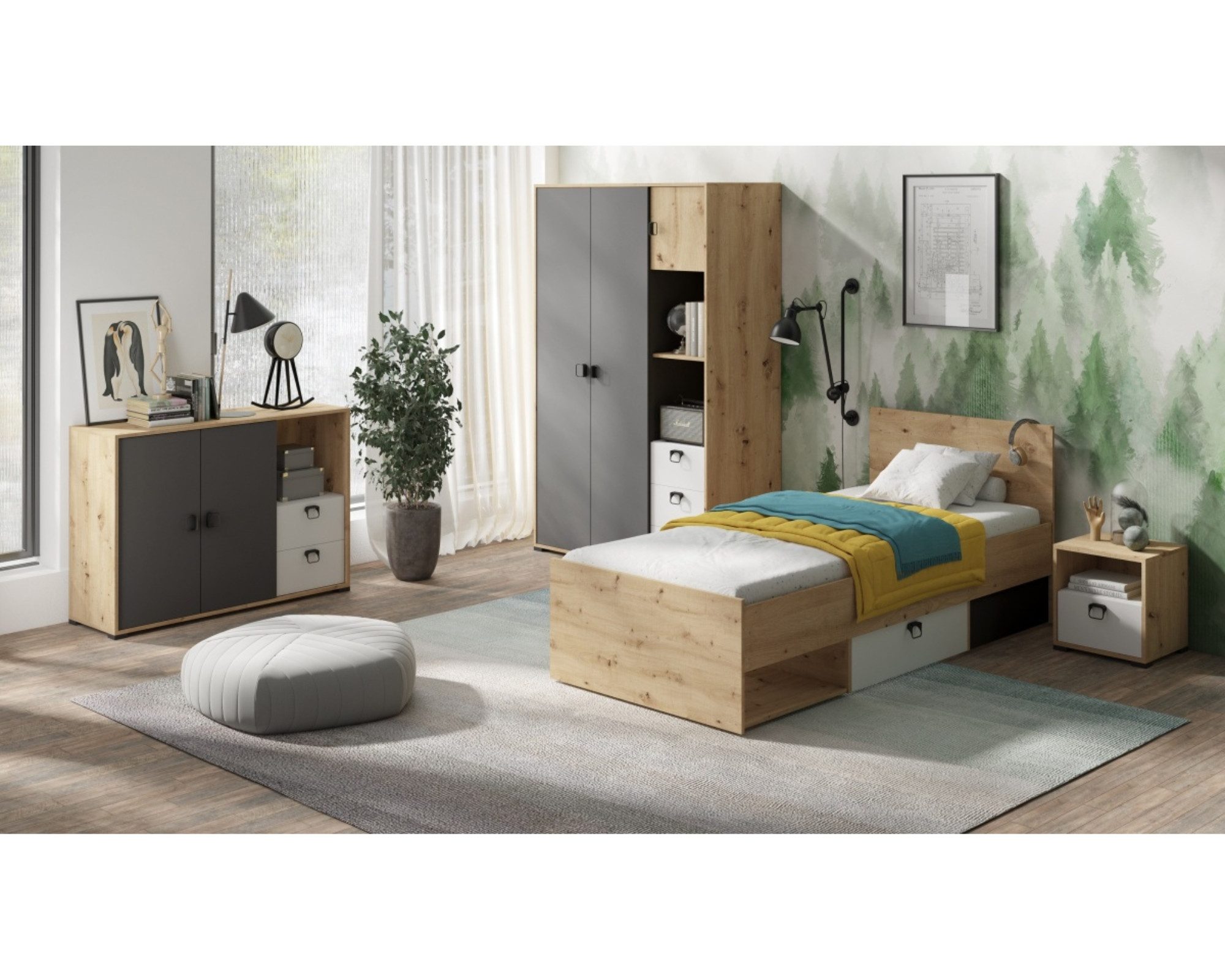 Deine Möbel 24 Jugendzimmer-Set KAMI 2 Jugendzimmer Jugendmöbel Kinderzimmer komplett, (4-tlg., Möbel fü Kinder Jugendliche), Funktionsbett Jugendbett Nachttisch Regal Kommode
