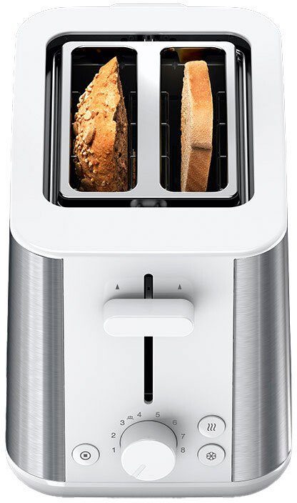 Braun Toaster PurShine HT 1510 WH - 2 Schlitze, 8 Stufen, Auftau- Aufwärmfunktion, 2 kurze Schlitze, 900 W, 900 W, Edelstahl, Automatische Abschaltung, Brötchenaufsatz