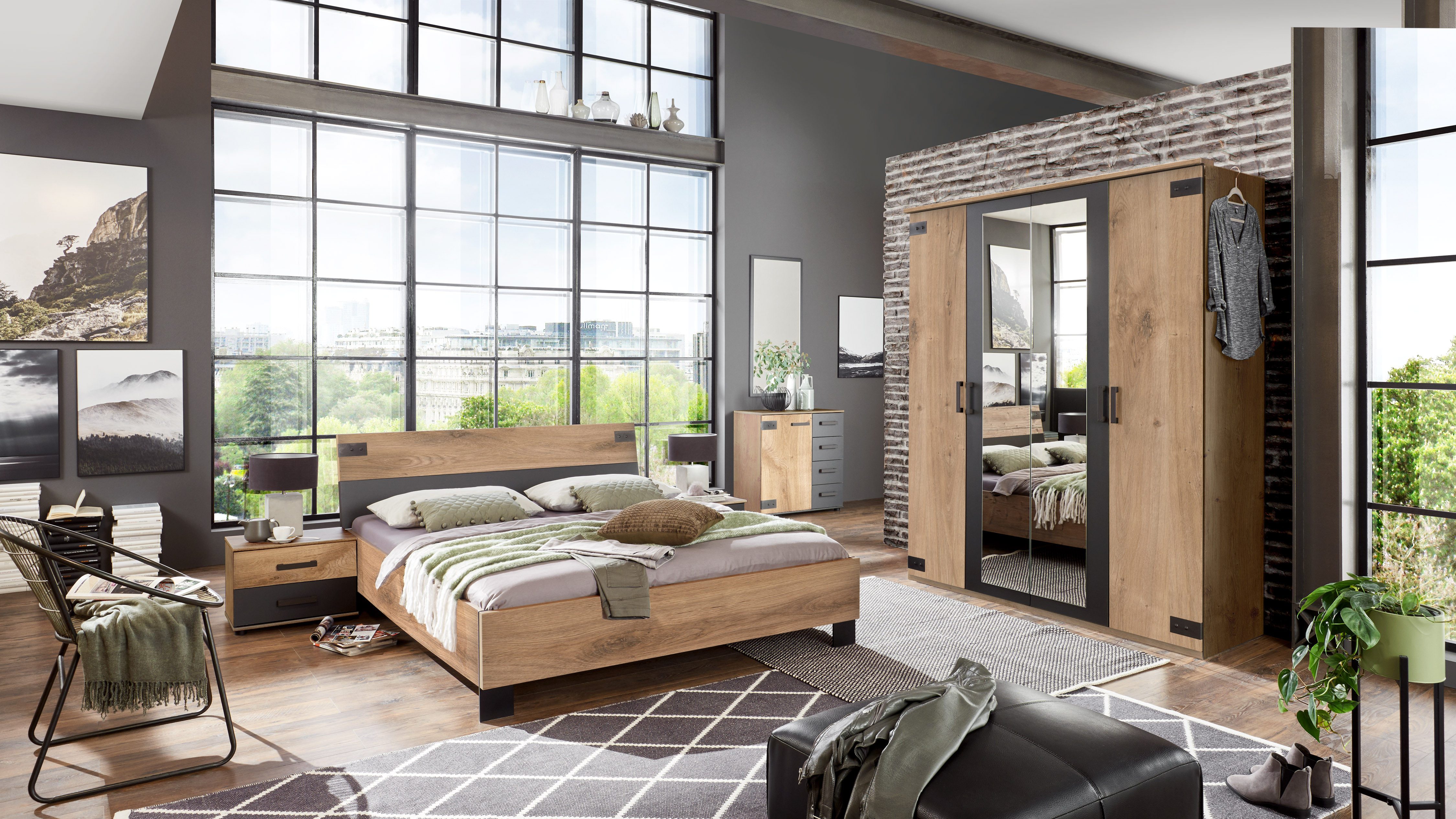 möbel-direkt.de Komplettschlafzimmer Malmö in Plankeneiche und Grafit, (Komplett-Set, 5-tlg., in unterschiedlichen Schrankbreiten erhältlich), Made in Germany, mit Spiegel