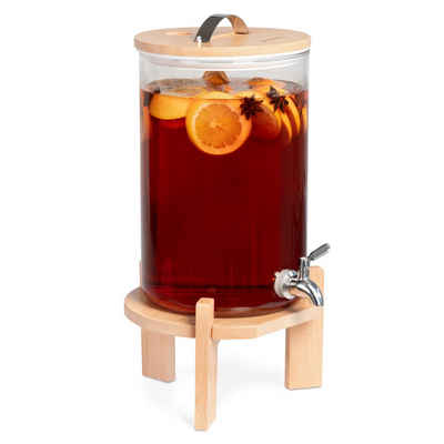 Navaris Getränkespender, mit Zapfhahn aus Edelstahl - Glas Wasserspender mit Stand aus Buchen Holz - Spender aus hitzebeständigem Borosilikatglas