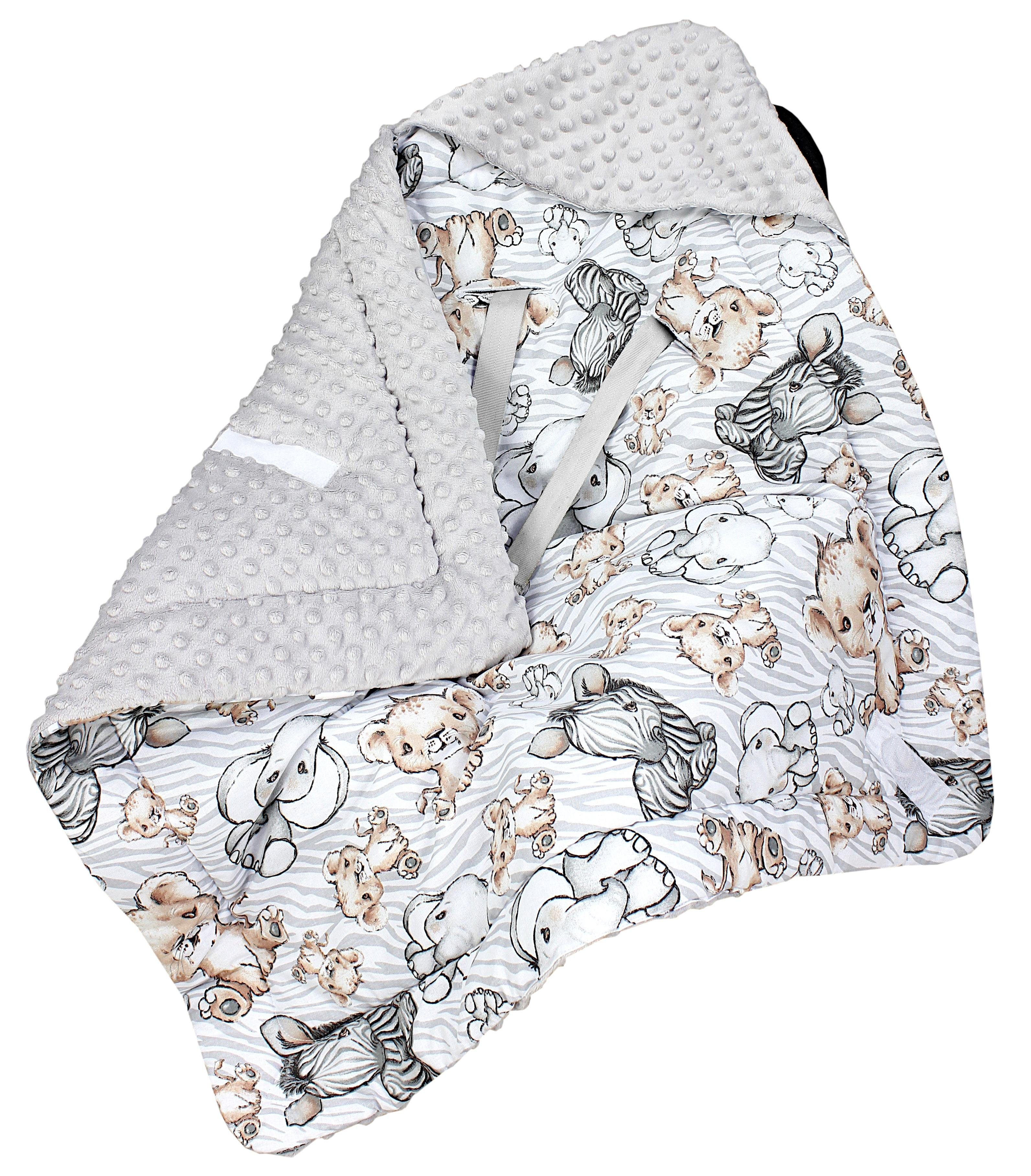 Einschlagdecke Baby Winter Einschlagdecke für Babyschale Wattiert Minky, TupTam Safari / Grau