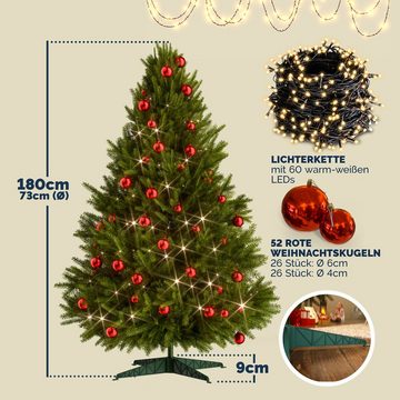 Casaria Künstlicher Weihnachtsbaum, 180 cm Lichterkette 52x versch. Weihnachtskugeln Ständer 533 Spitzen
