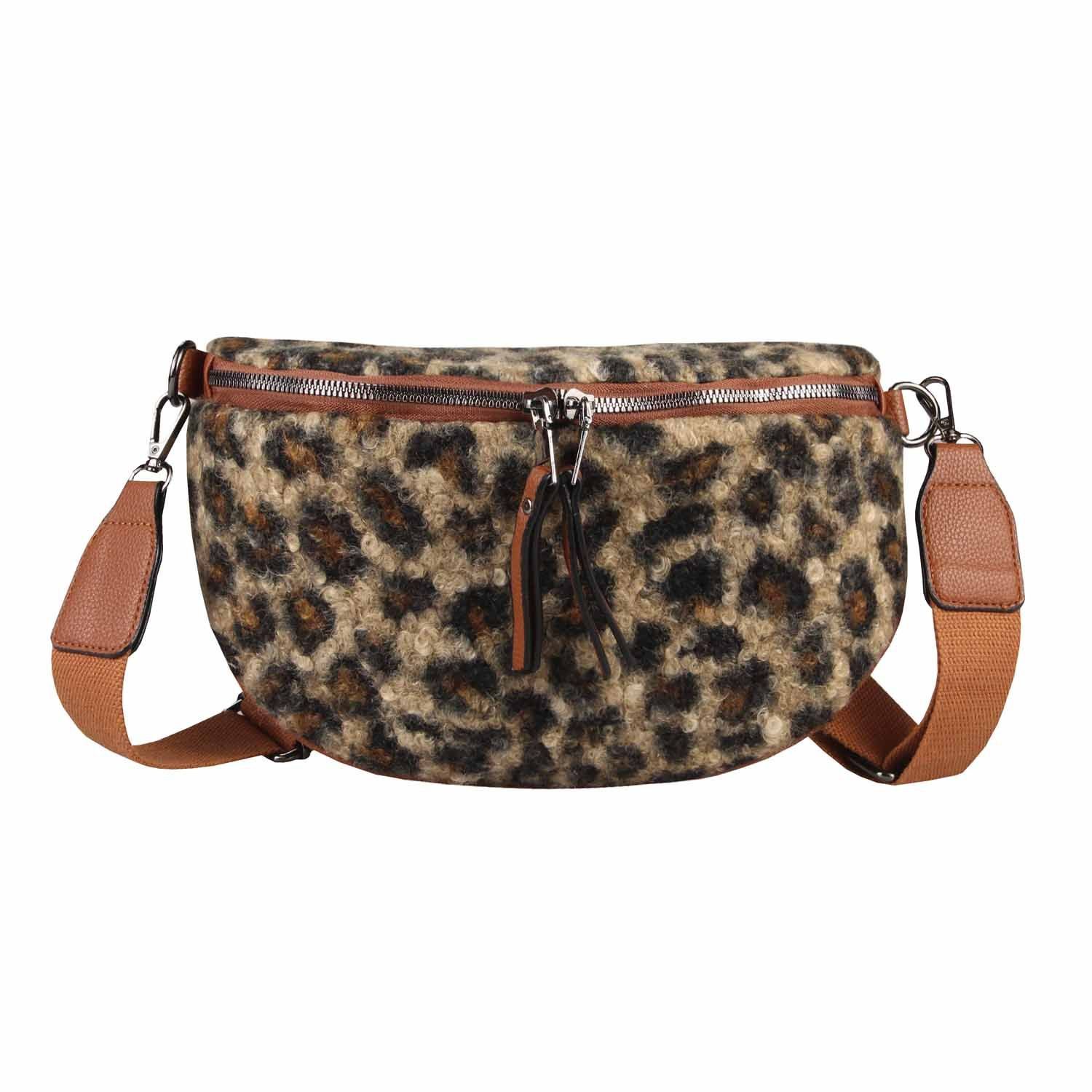 ITALYSHOP24 Bauchtasche Damen LEOPARDEN-PRINT Tasche Bodybag Teddyfell Crossover Handytasche, PELZTASCHE Schultertasche LEO CrossBody Teddytasche Plüsch Felltasche
