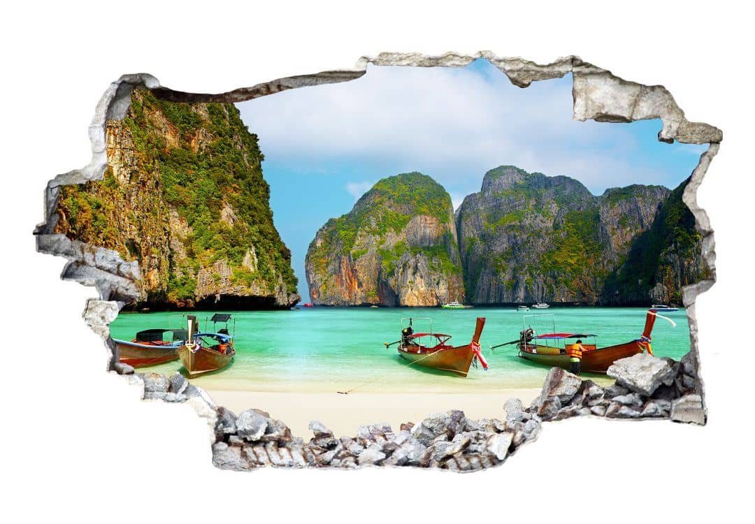 K&L Wall Art Wandtattoo 3D Wandtattoo Aufkleber Badezimmer Wellness Strand Urlaub Südseebucht, Mauerdurchbruch Wandbild selbstklebend
