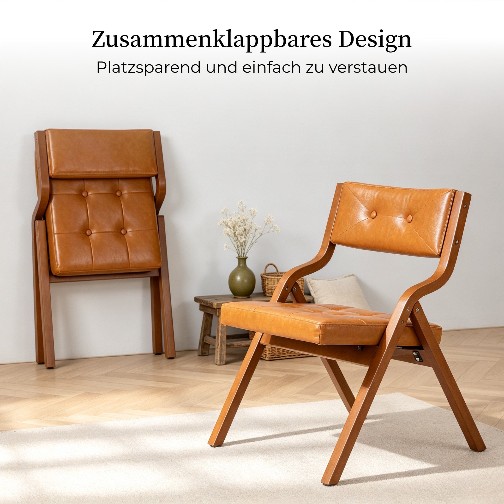 SeedWave Esszimmerstuhl 2er Set Klappstühle Kunstleder Faltstuhl mit Gebogenem Holzgestell (2er Set), Vintage-Lederoptik Folding Chair mit Knopfheftung, 130 kg  – Bild 3 von 5