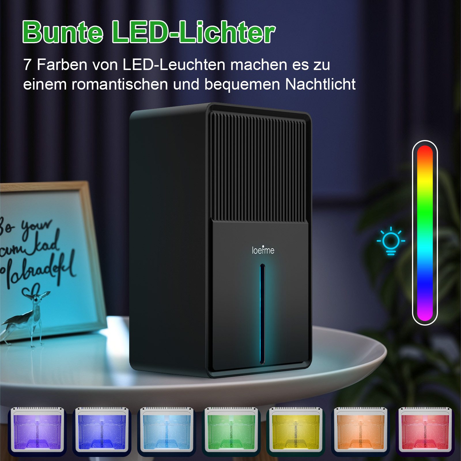 loefme Luftentfeuchter 3L Tank, für 30 m³ Räume, Entfeuchtung 0,80 l/Tag, Tank 3,00 l, Leise, 7 Farbige Licht, Trocknungsmodus, Elektrische Luftreinigung