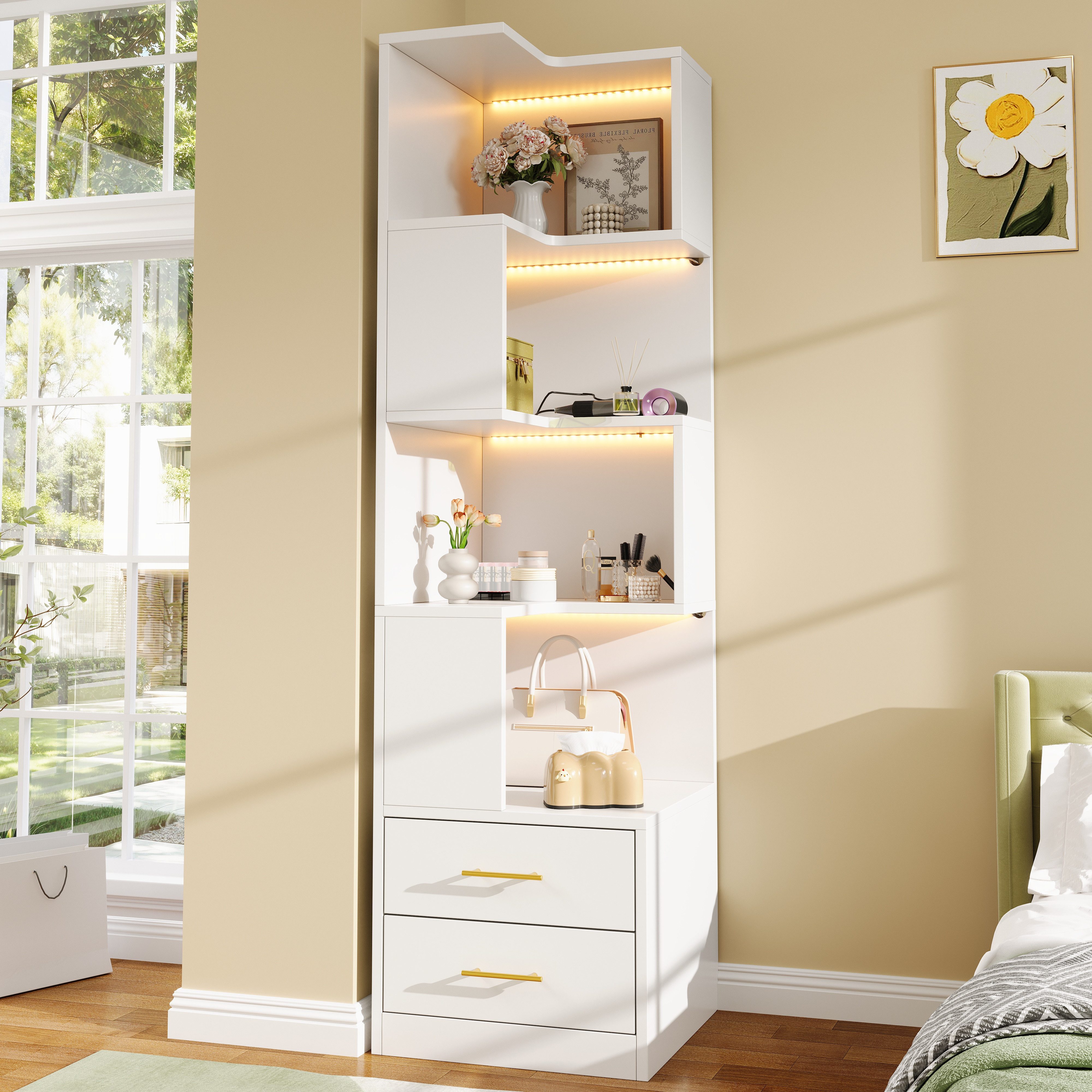 Flieks Bücherregal Standregal Eckregal mit LED-Beleuchtung und 6 Ebenen/5 Ebenen, B63,5/T45/H165 cm 1-tlg., Eckbücherregal mit 4 Fächer & 2 Schubladen L-förmig Hochschrank Weiß
