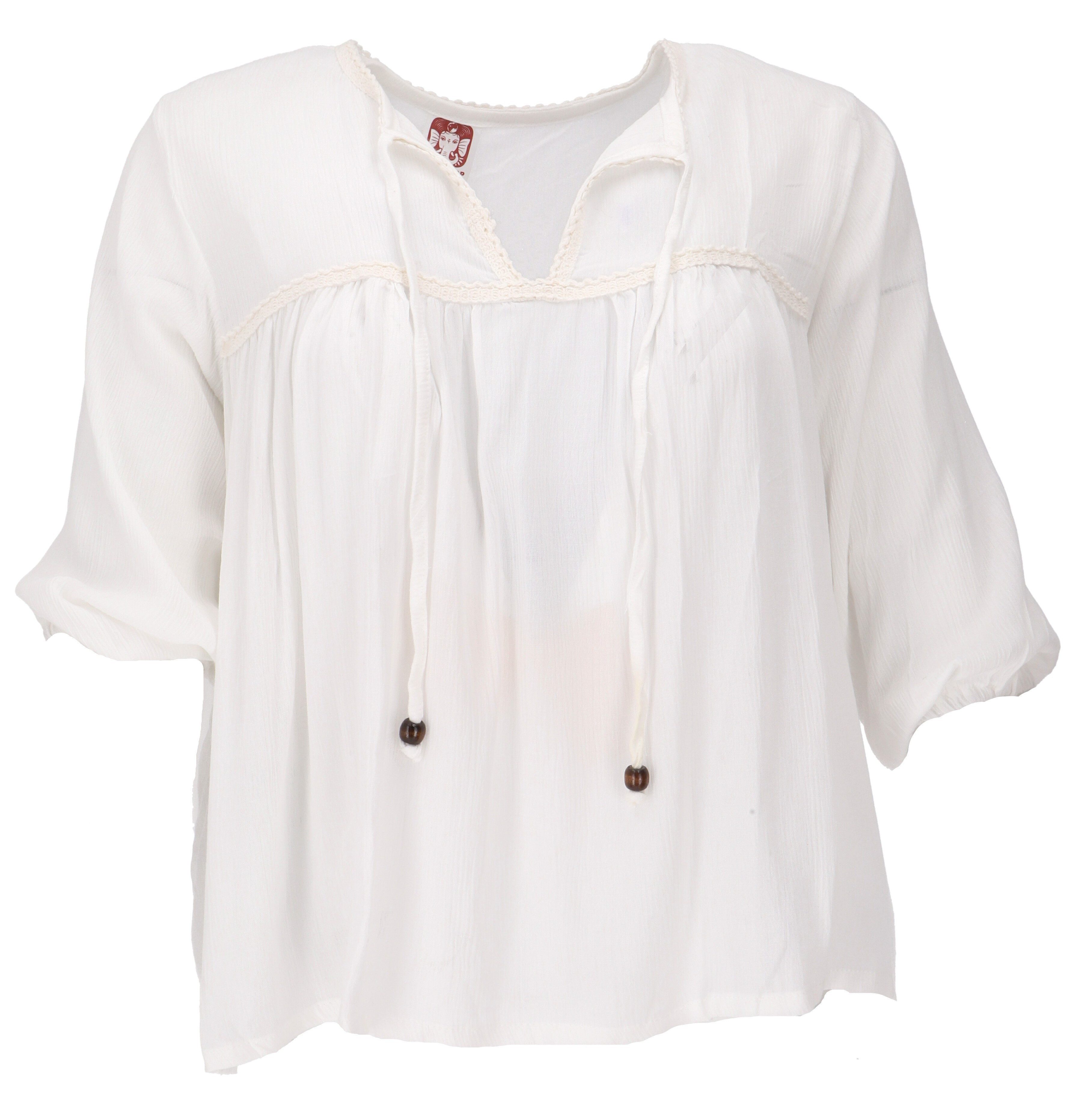 Guru-Shop Longbluse Luftige Boho Bluse, Maxibluse mit Spitze - weiß günstig online kaufen