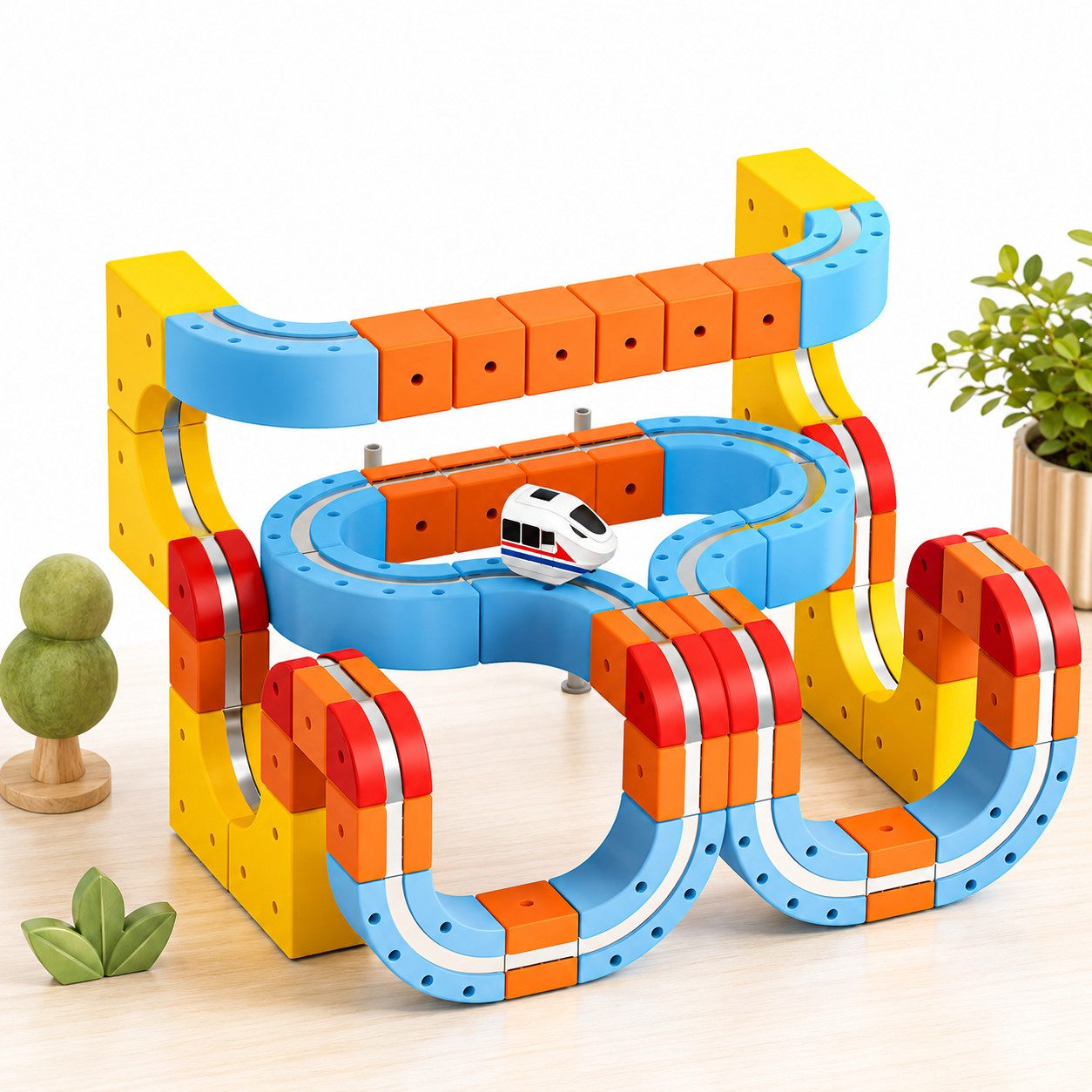 Wootoy Spielzeug-Eisenbahn Autorennbahn Lernspielzeug Zugbahn-Set Spielzeug-Zug mit USB-aufladbar, (mit Anti-Gravity-Technologie Saugnapf-Befestigung, 56-tlg., fördert Kreativität, logisches Denken und praktische Fähigkeiten), 3D-Streckensystem für Brücken, Kurven, Rampen und Rennstrecken