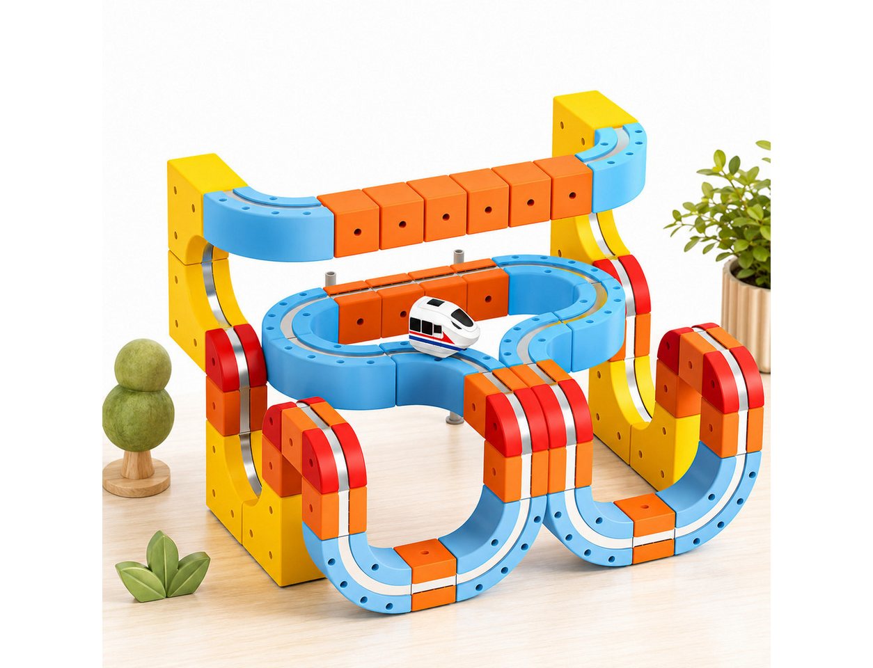 Wootoy Spielzeug-Eisenbahn Autorennbahn Lernspielzeug Zugbahn-Set Spielzeug-Zug mit USB-aufladbar, (mit Anti-Gravity-Technologie Saugnapf-Befestigung, 56-tlg., fördert Kreativität, logisches Denken und praktische Fähigkeiten), 3D-Streckensystem für Brücke