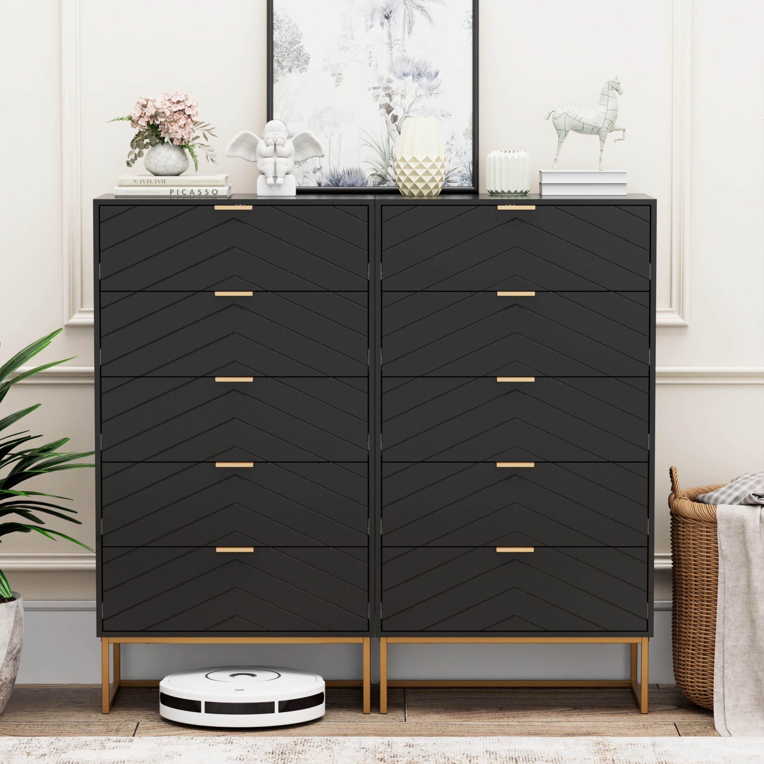 UEV Kommode mit 5 Schublanden, Sideboard, Schubladenschrank, Schmal kommode modern (60x34x110cm, Schrank für Wohnzimmer Schlafzimmer Flur Büro), mit Kippschutz Aufbewahrungskommode, Mehrzweckschrank aus Holz