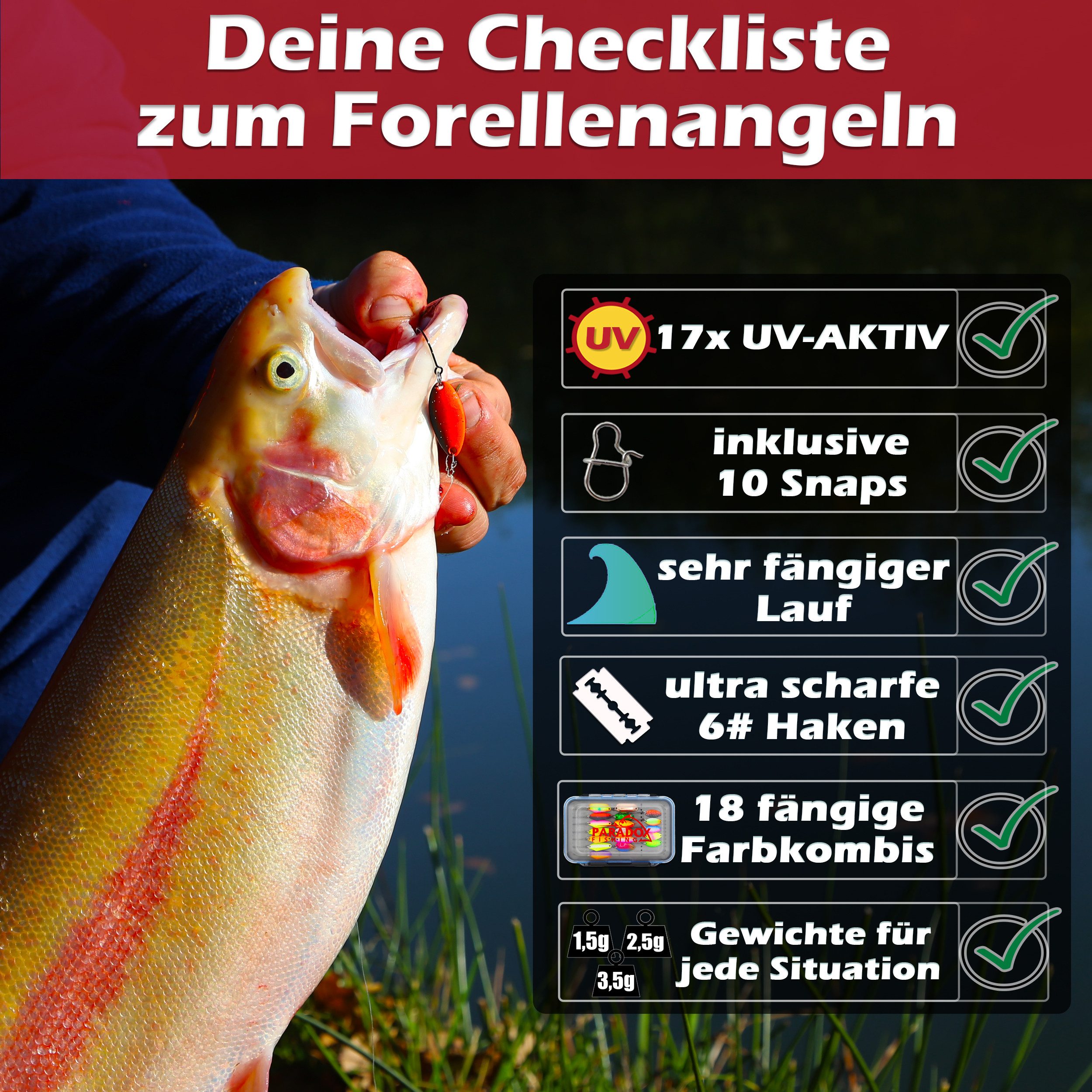 Paradox Fishing Kunstköder Forellen Spoon Set 18 Stück 1,5g/2,5g/3,5g mit Box, (inkl. 10 Snaps), UV-AKTIV – Bild 2 von 5