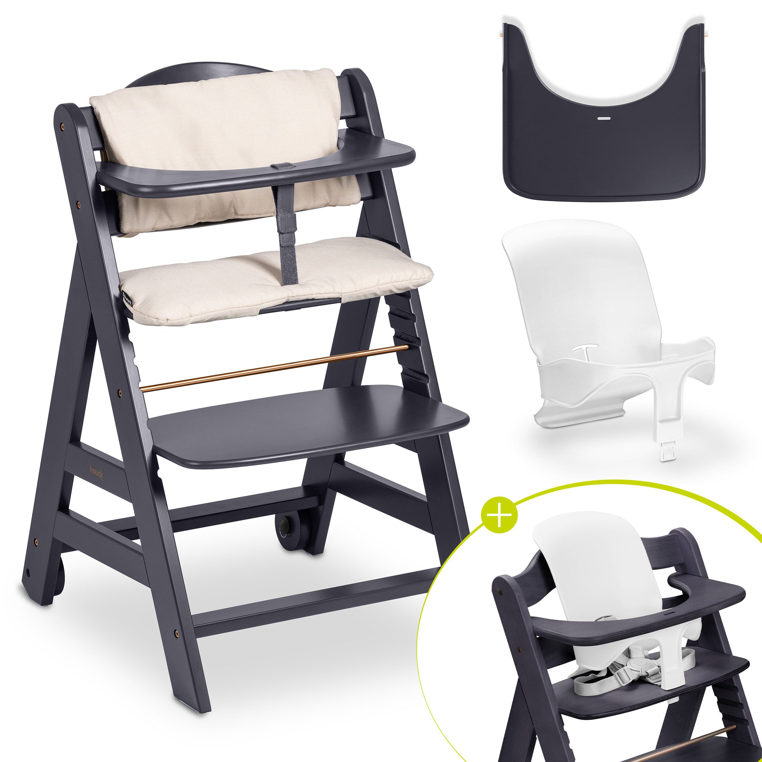 Hauck Hochstuhl Beta Plus - Dark Grey, Holz Kinderhochstuhl mit Baby-Sitz, Essbrett, Sitzauflage & Rollen
