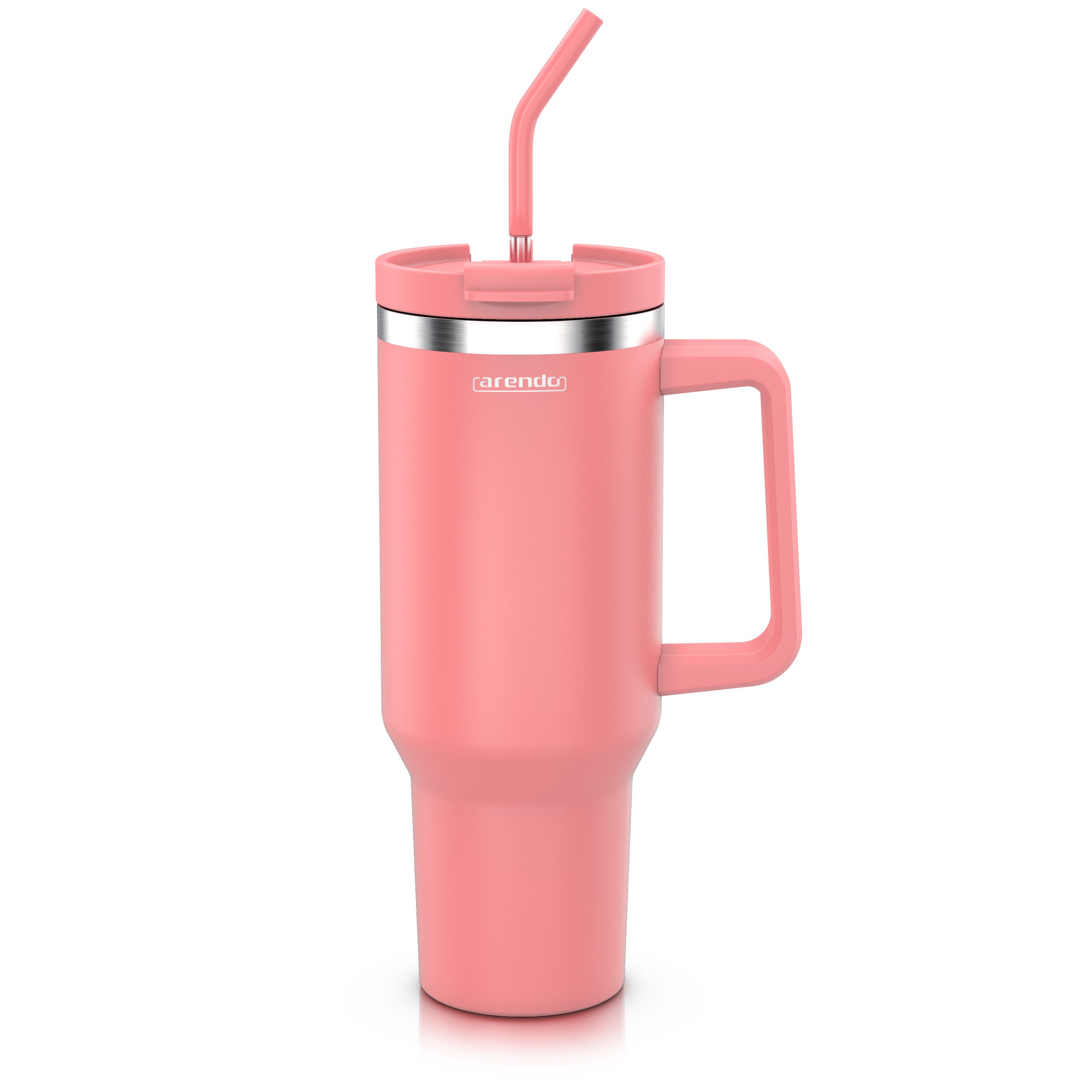 Arendo Thermobecher Tumbler 1200 ml, Becher mit Deckel, Henkel und Strohhalm, Thermal Mug, 1-tlg., Edelstahl, kohlensäuregeeignet, auslaufsicher, doppelwandig, luftdicht