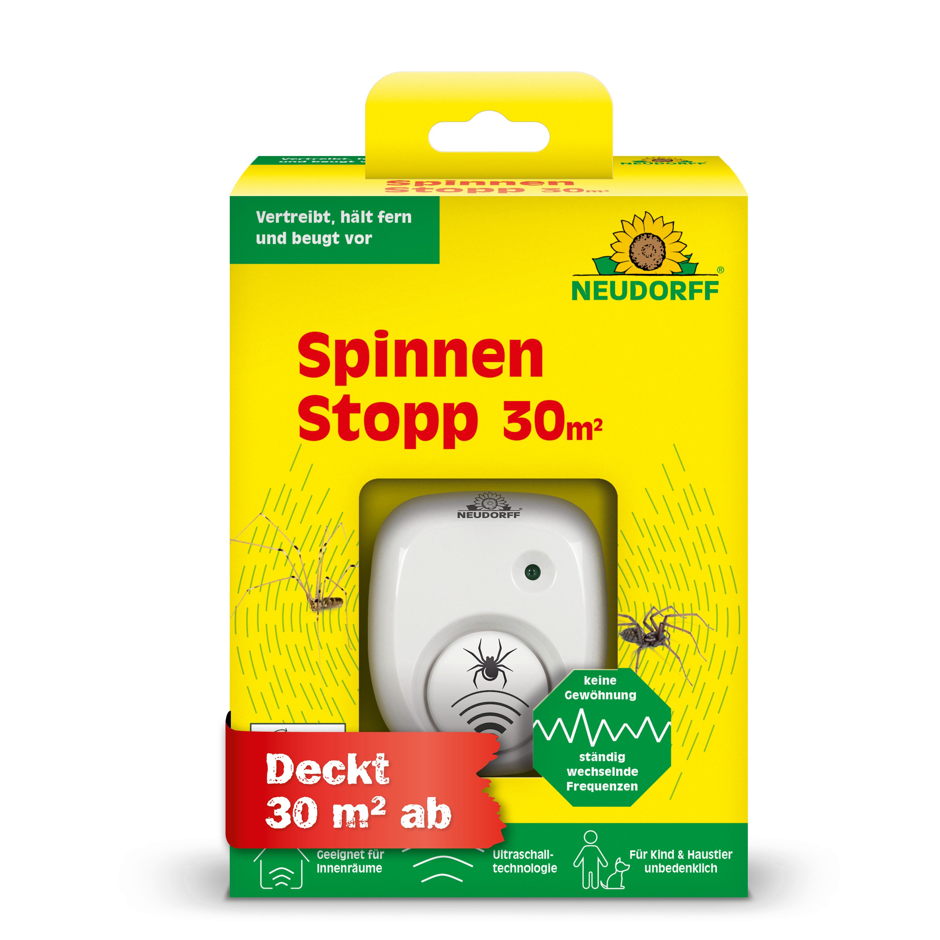 Neudorff Vergrämungsmittel SpinnenStopp deckt 30m² ab, Ultraschallgerät mit wechselnden Frequenzen, Für geschlossene Räume bis 30 m², Wechselnde Ultraschallfrequenzen verhindern Gewöhnungseffekte