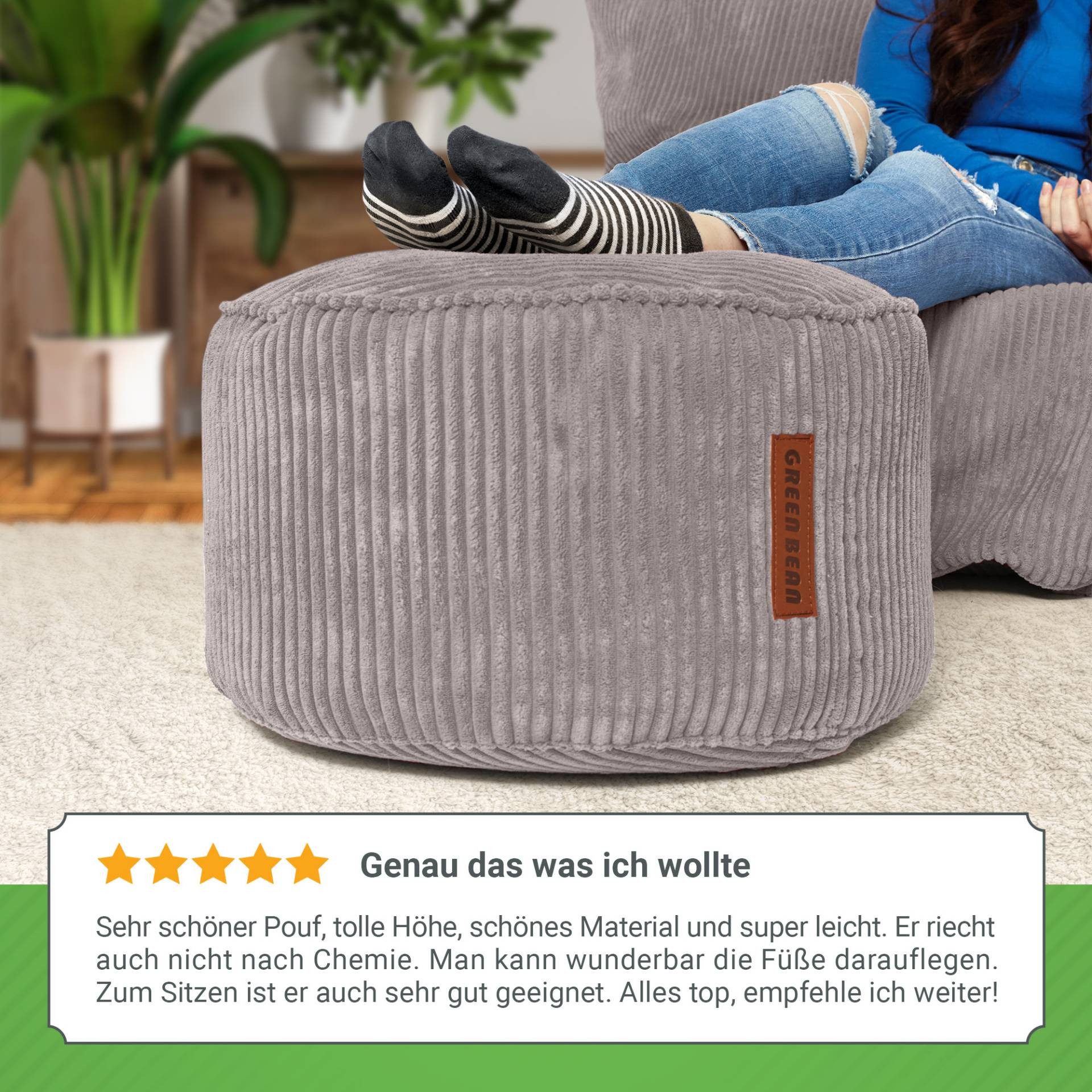 Green Bean Pouf Sitzsack-Hocker Pouf Cord 45x25cm (Indoor Sitzhocker Sitzkissen Fußhocker Relax-Sessel, Made in Germany), die ideale Ergänzung zum Sitzsack – Bild 3 von 5