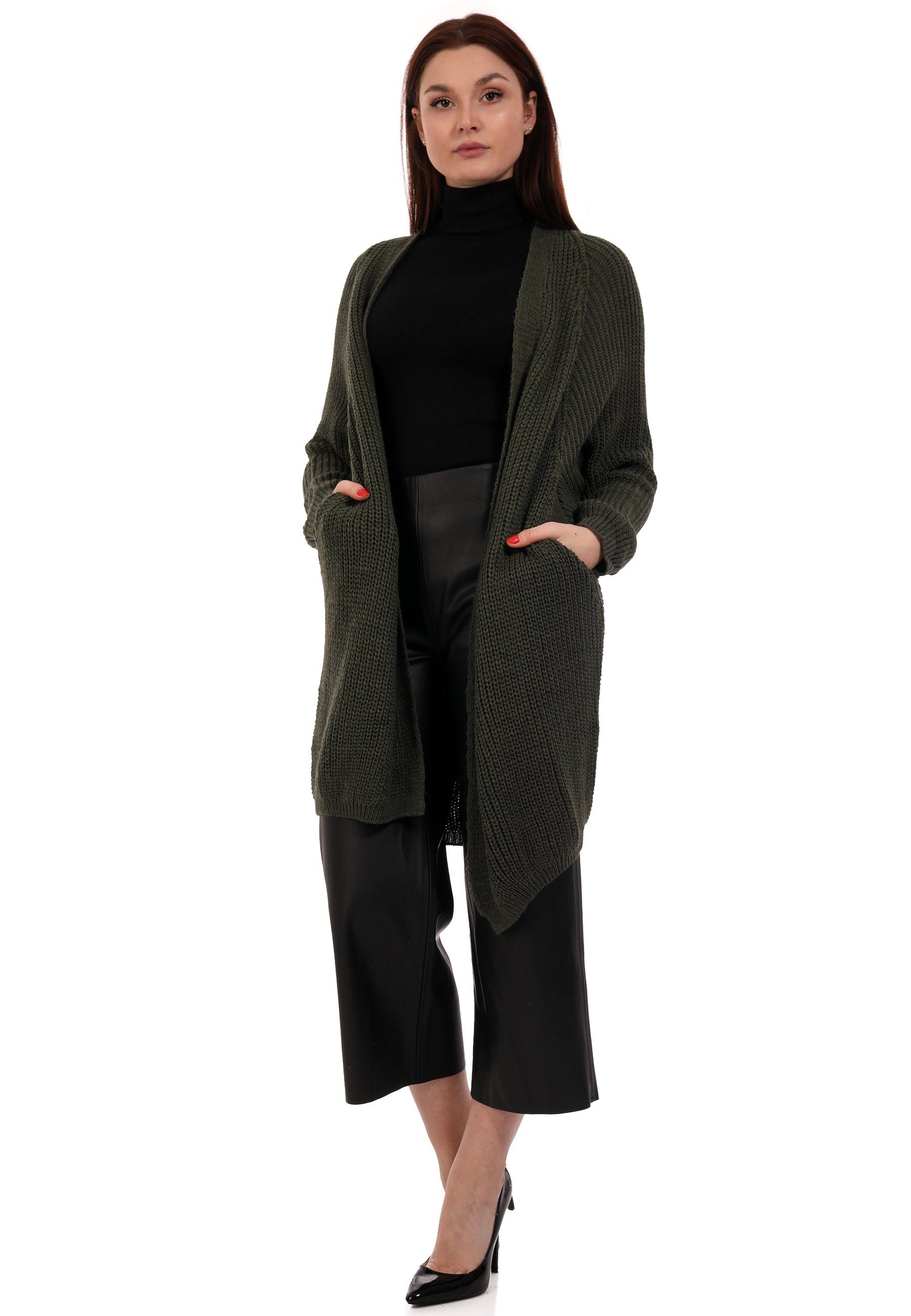 YC Fashion & Plus Ärmeln Size casual, Strickjacke langen Cardigan verschlusslos Style mit Basic-Form Cardigan darkkhaki Oversize (1-tlg)