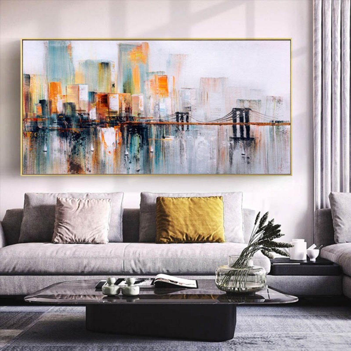 TPFLiving Kunstdruck (OHNE RAHMEN) Poster - Leinwand - Wandbild, Abstrakte  Skylines von Städteh (Leinwandbild XXL), Farben: Grau, Blau, Weiß, Gelb,  Rot - Größe: 20x30cm