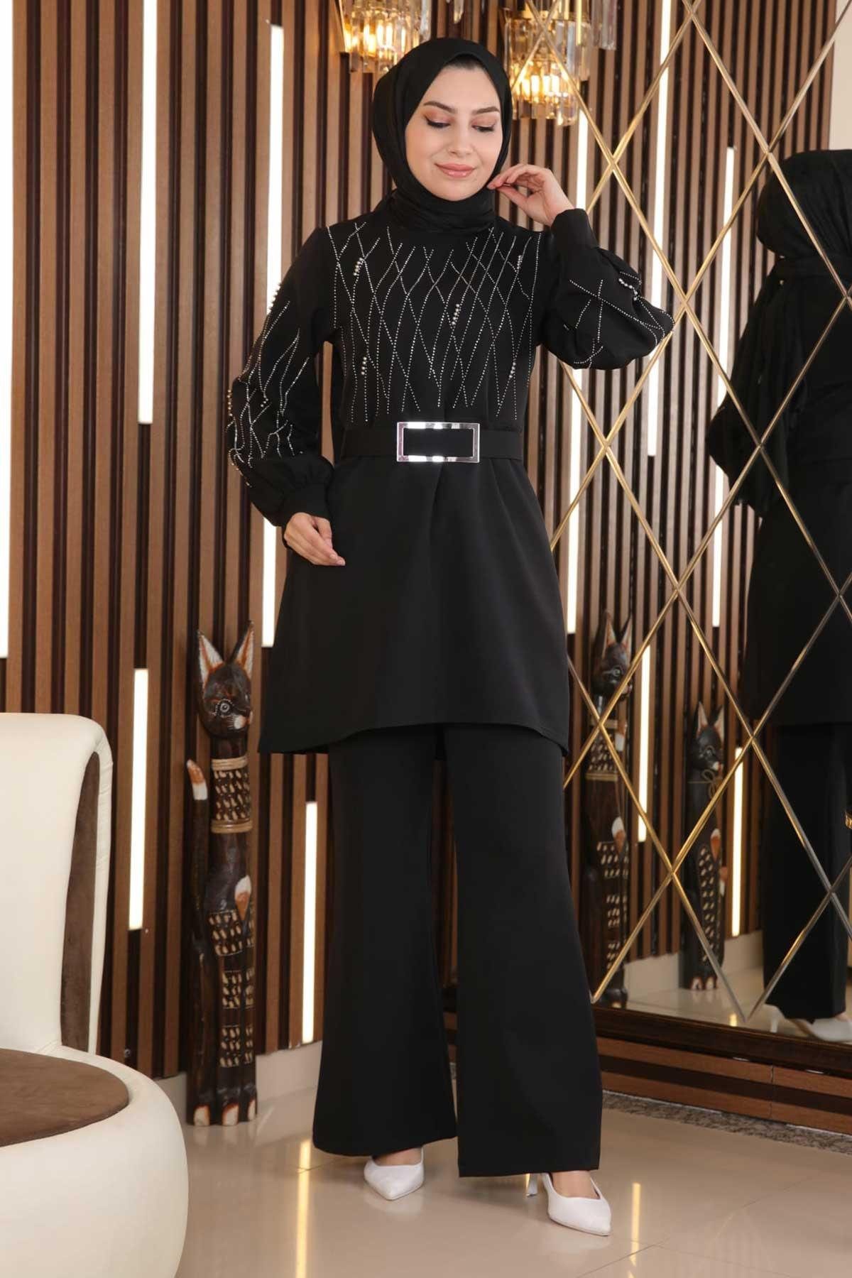 MODAMİHRAM Tunika Schwarzes Perlen-Set MSW19116-3