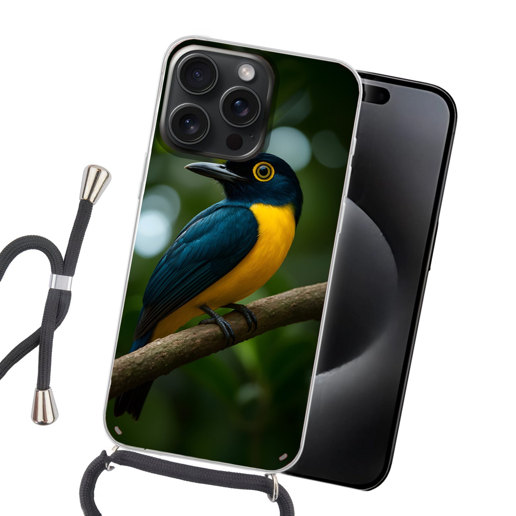 MuchoWow Handyhülle für Apple iPhone 15 Pro Max Vogel - Zweig - Gelb - Blätter, Tragbare Handyhüllen mit Kette zum umhängen, Handykette Handyband