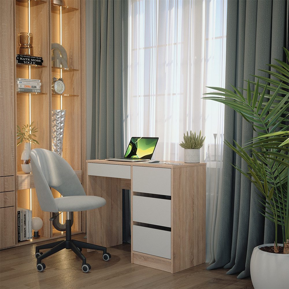 Vicco Schreibtisch Sherry, Weiß/Sonoma, 90 x 40 cm mit Schubladen