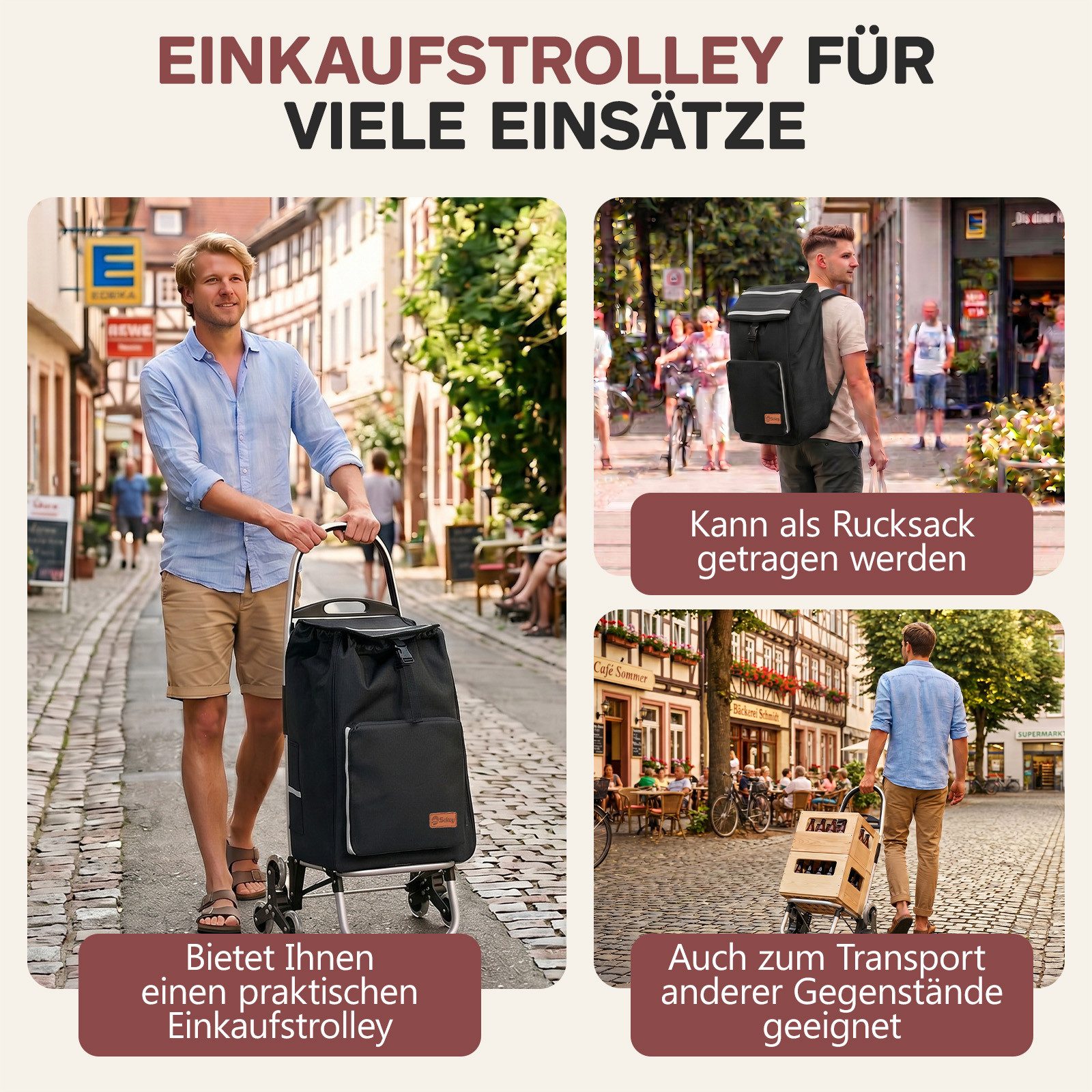 Sekey Einkaufstrolley Treppensteiger klappbar Einkaufswagen 4-in-1 Trolley mit Kühltasche, 60 l, 50L Abnehmbarer Rucksack – flexibel und praktisch