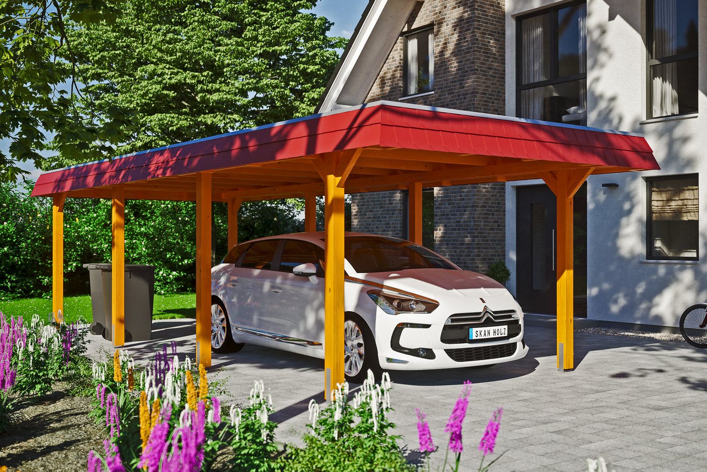 Thumbnail - Skanholz Einzelcarport Wendland, BxT: 362x870 cm, 206 cm Einfahrtshöhe, mit Aluminiumdach, rote Blende