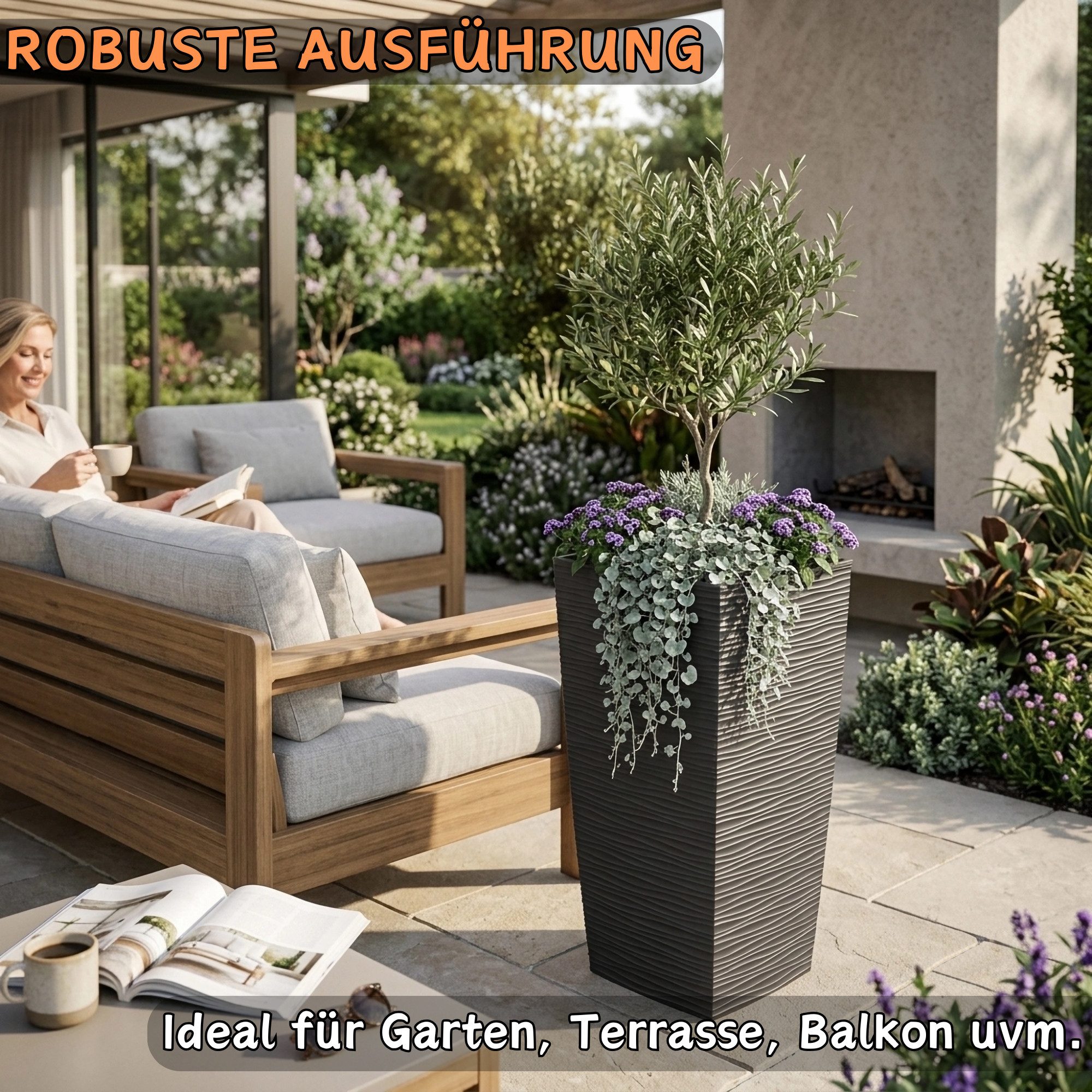 Engelland Pflanzkübel Blumentopf mit herausnehmbarem Einsatz (1 St., robuster PP-Kunststoff), Pflanztopf mit Wellenoptik, hoch, quadratisch, modern, UV-resisten – Bild 5 von 5