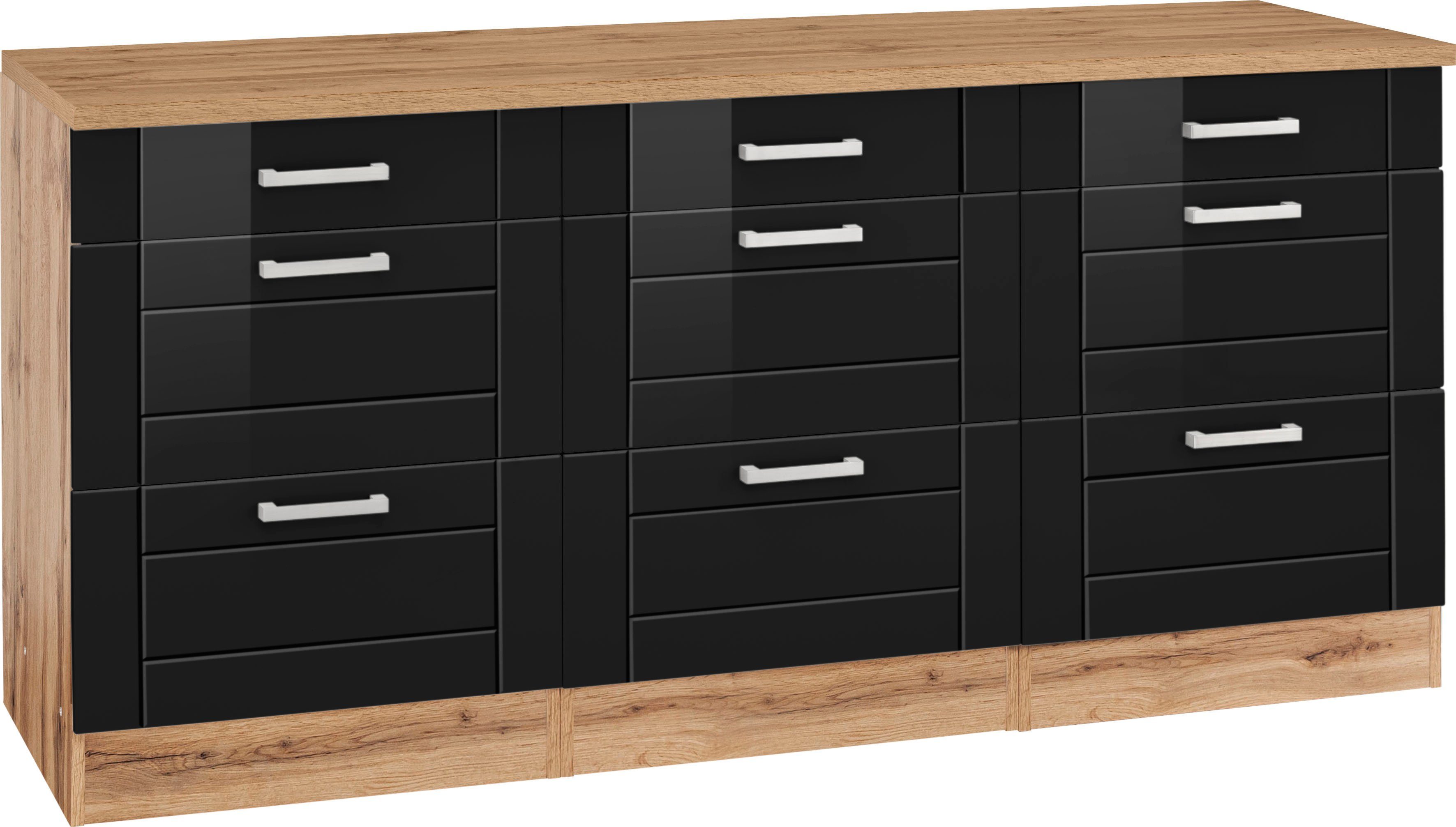 HELD MÖBEL Unterschrank Tinnum 180 cm MDF Auszüge | Fronten, 6 schwarz mit Metallgriffe, 3 breit, Schubkästen, wotaneiche