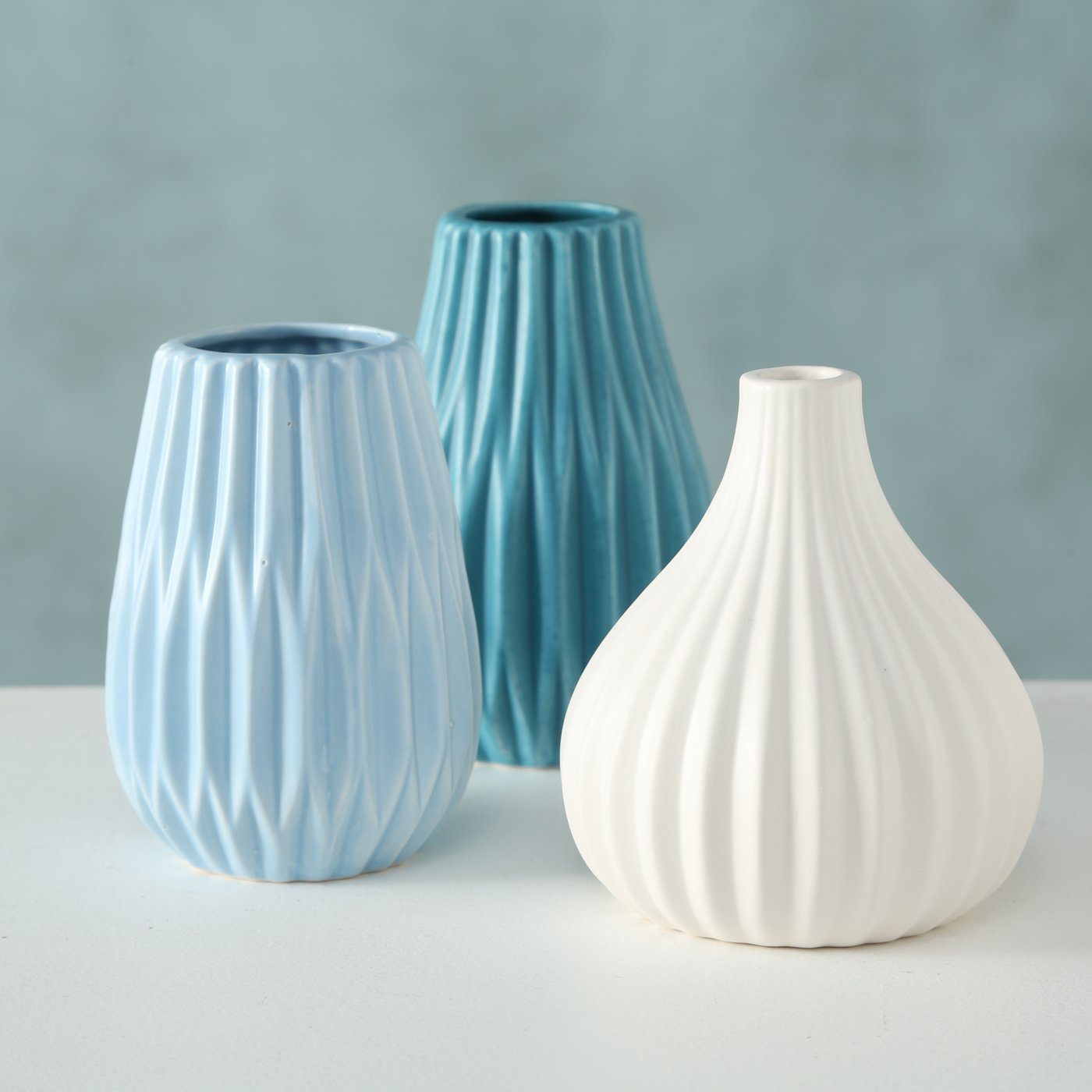 BOLTZE Dekovase Boltze, Blumenvase 3er-Set Wilma klein blau-weiß