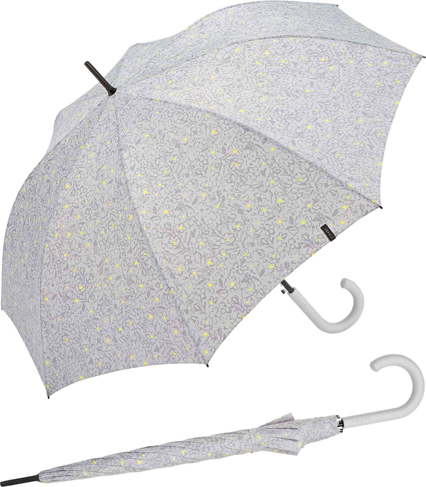 Esprit Langregenschirm Damen Regenschirm mit Automatik Scribbled Romance, mit romantischem Blüten-Muster grau