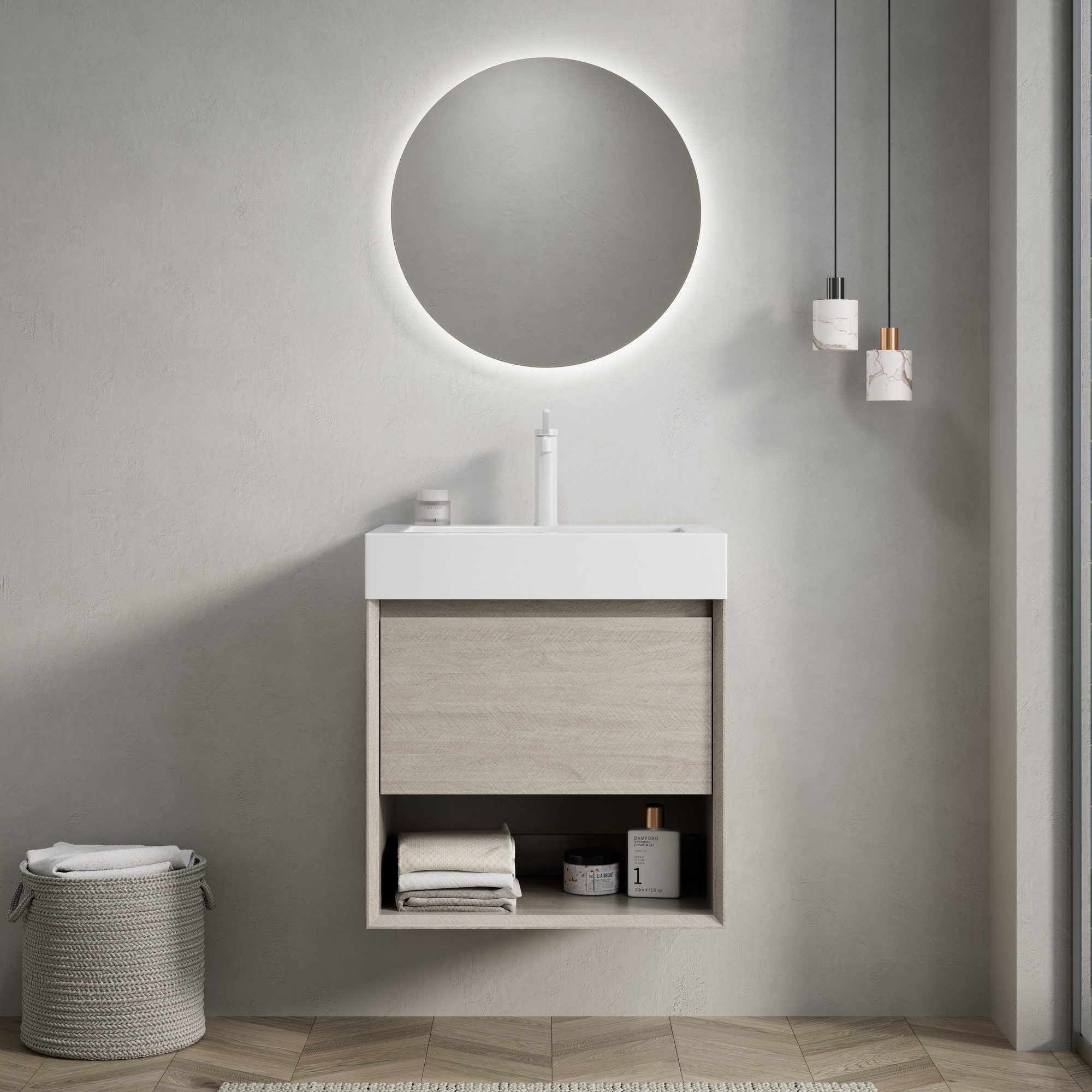 IDEASY Waschbecken LUZ Wand-Waschtisch 55cm weiß Resinbecken Eiche Hell