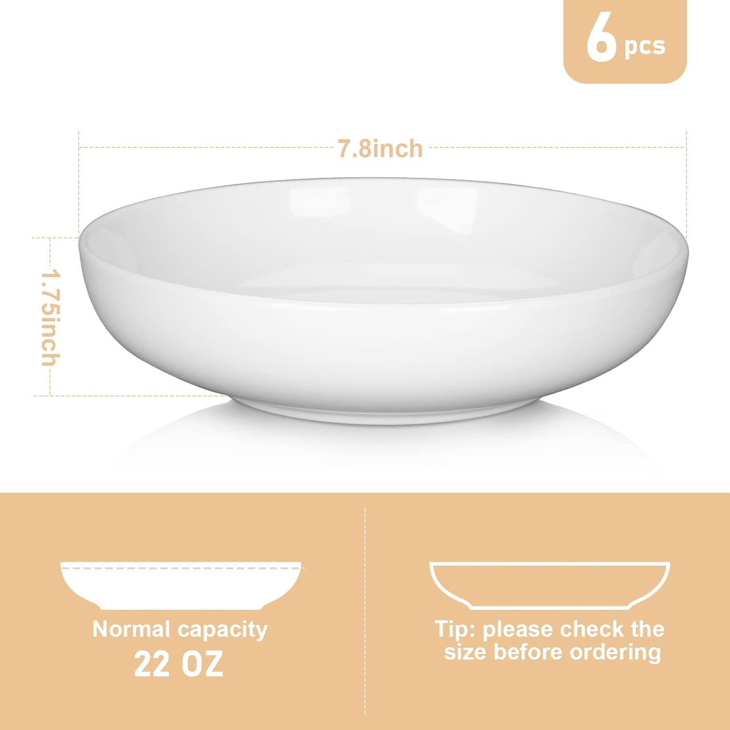 GarveeMore Pastateller 8" Suppenteller,6 Teilig Cremeweiße Porzellan Salatteller, Φ20,32 cm/H 5,08 cm, perfekt für Pasta,roße Salate,Suppen,Eintöpfe
