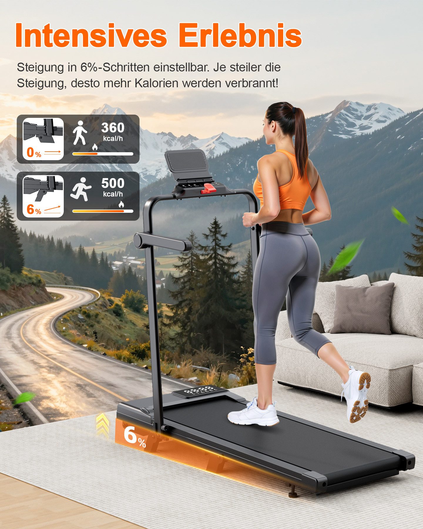 SUPERUN Laufband 6-in-1 Laufband für Zuhause mit Handgriffen, 1–12 km/h, 6 % Neigung, 2-in-1-Funktion für flexibles Training, Klappbar