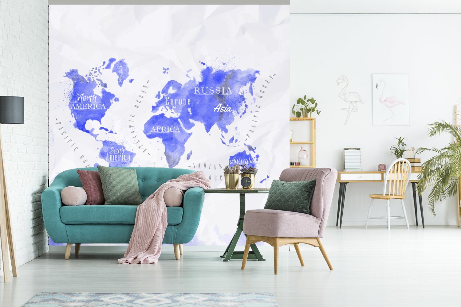 Weltkarte Wohnzimmer (4 Abstrakt Aquarell, Vliestapete - MuchoWow St), bedruckt, Küche, Matt, - Fototapete Fototapete Schlafzimmer für