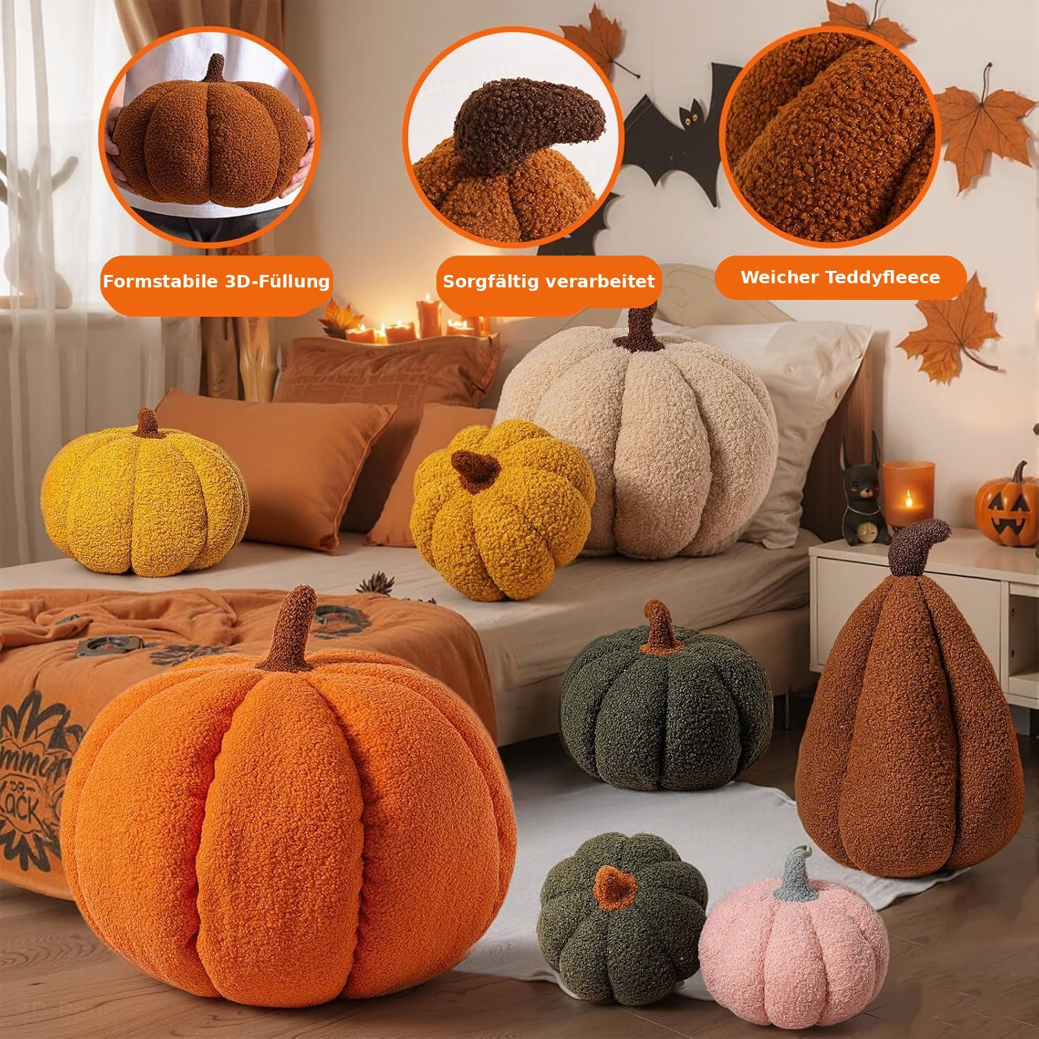 JASLIFE Dekofigur Kürbis2er-Set (2 St), Teddyplüsch-Optik, ideal als herbst deko und halloween deko – Bild 5 von 5