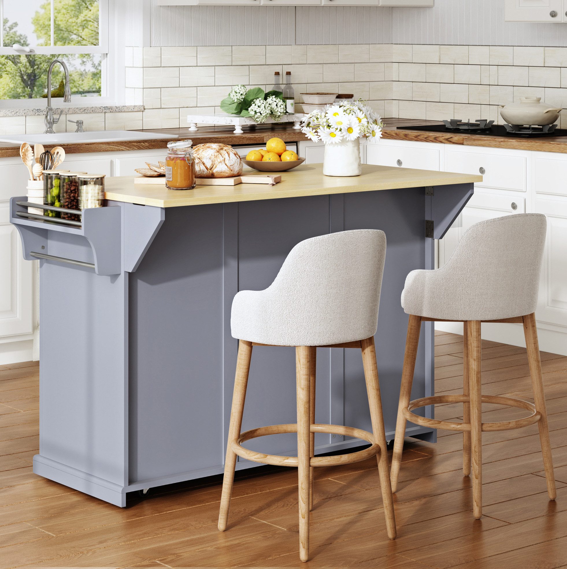 MODFU Kücheninsel 121×49(69)×89 cm Küchenmöbel mit Klappplatte und Stauraum, (Mobiler Küchenwagen mit vertikalen Auszugsschubladen System), Rollschrank mit 2 Schubladen und feststellbaren Rollen Design