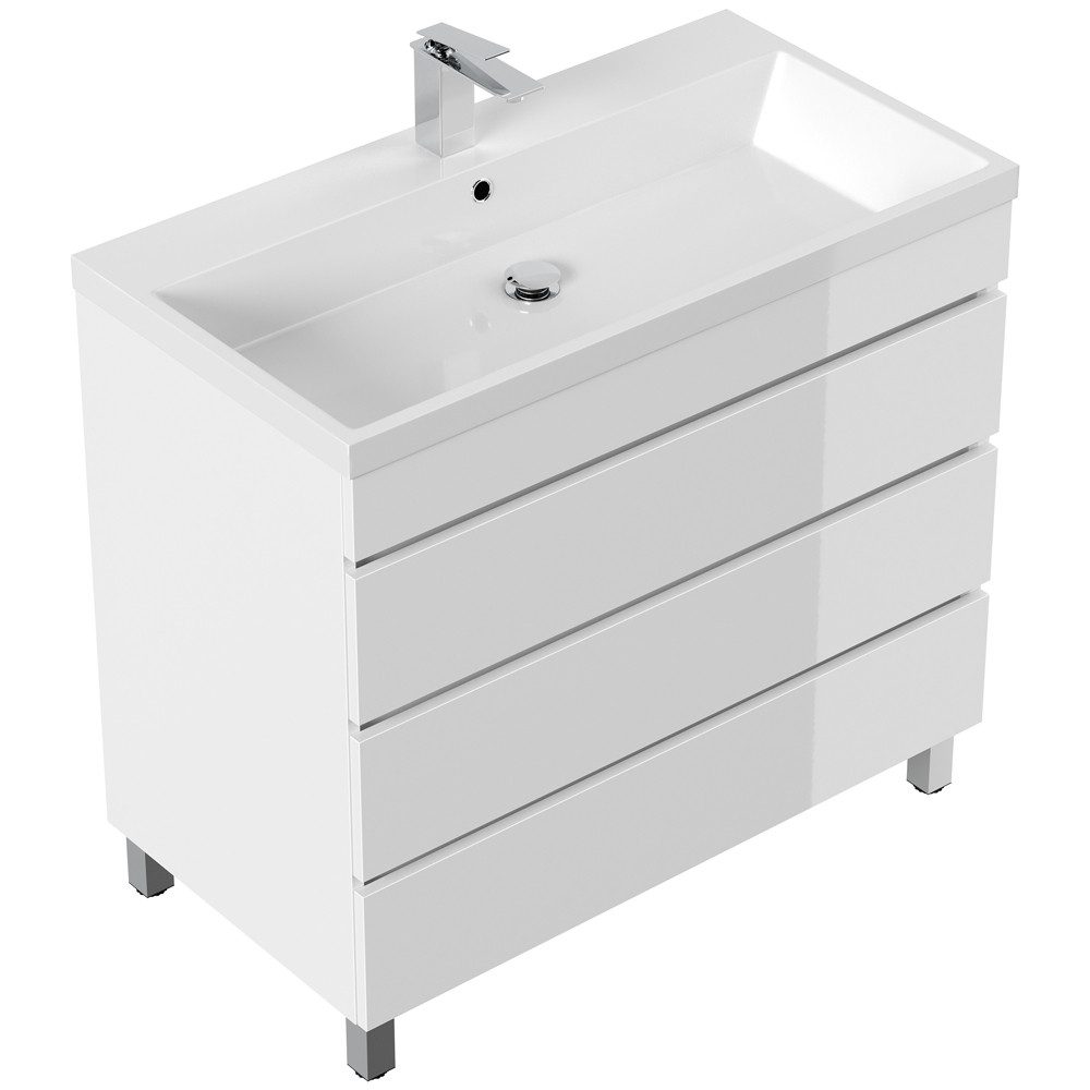 Lomadox Waschtisch FROME-02, 90 cm, stehend, weiß Hochglanz, mit 3 Schubladen