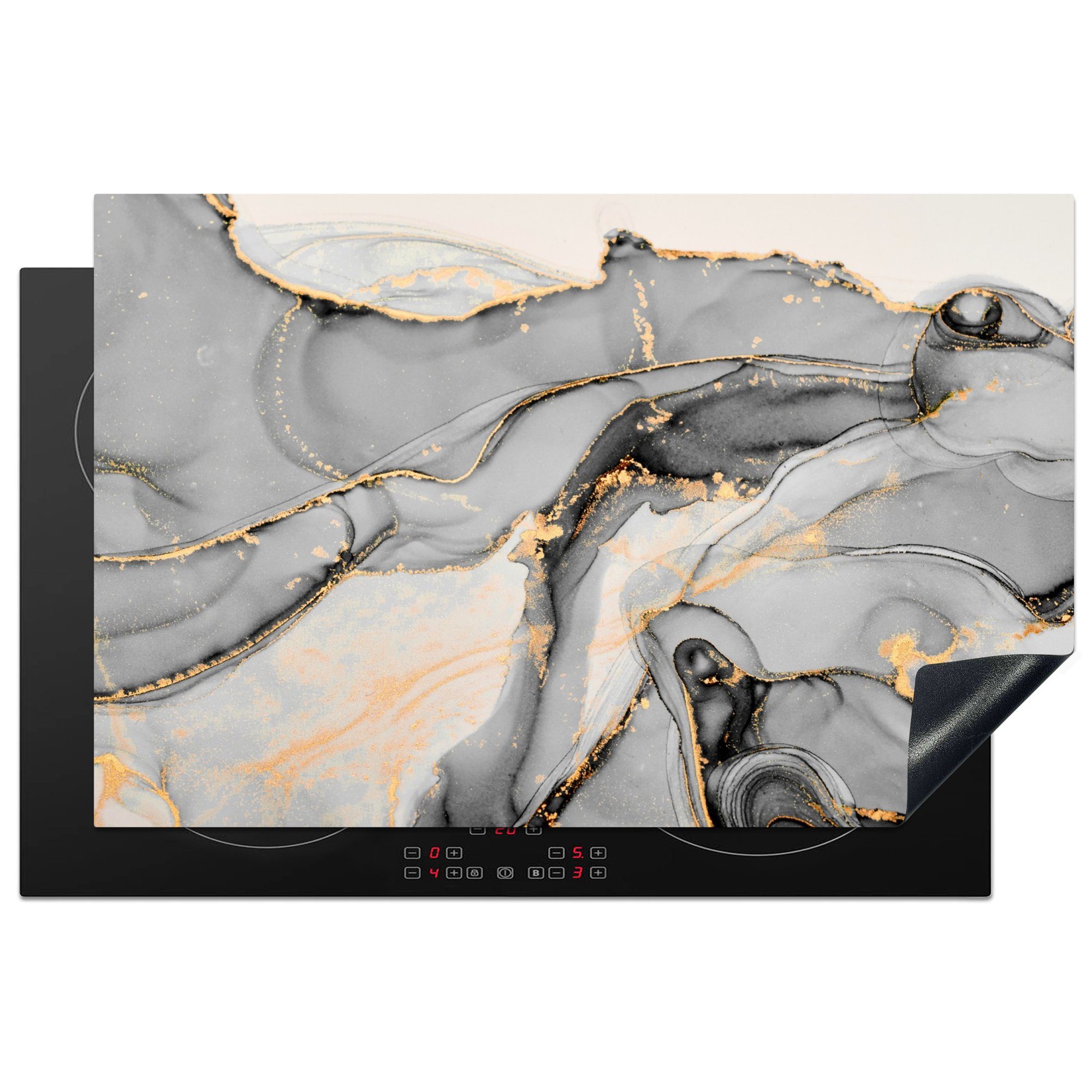 MuchoWow Herdblende-/Abdeckplatte Marmor - Gold - Grau, Vinyl, (1 tlg), 81x52 cm, Induktionskochfeld Schutz für die küche, Ceranfeldabdeckung