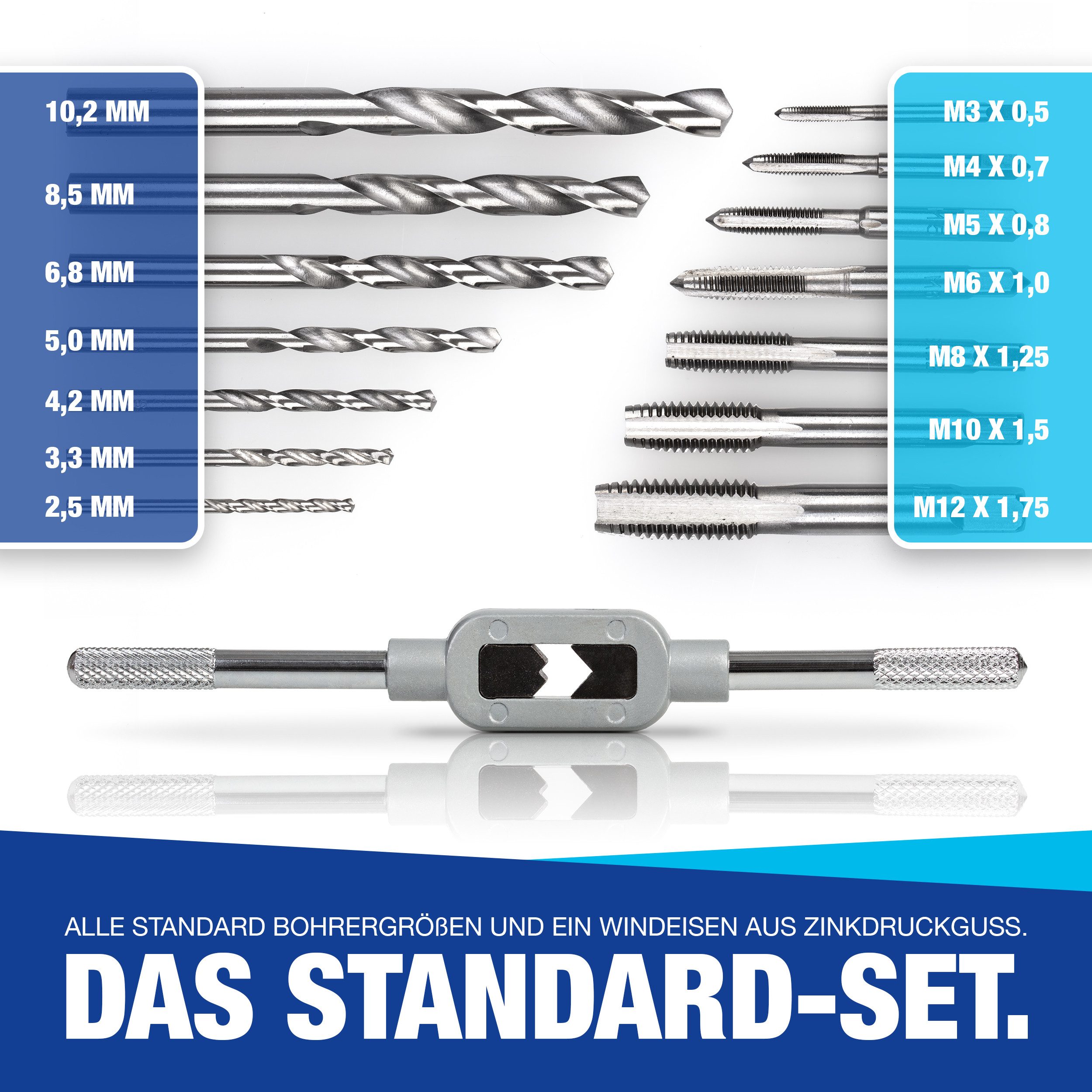 NTG Nutzfahrzeug Technik GmbH Gewindeschneider aus HSS Stahl 16 tlg. Gewindebohrer Set inkl. Aufbewahrungsbox, 16-tlg., mit Kernlochbohrer Satz