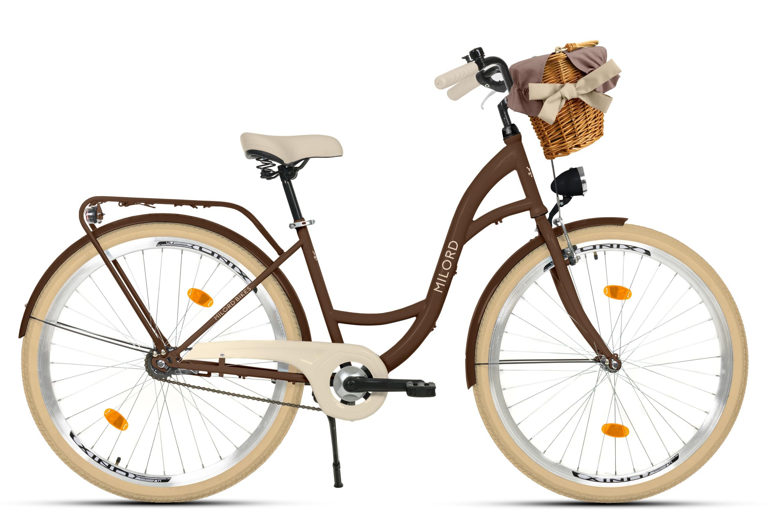 Milord Cityrad Damenfahrrad Citybike Mit Weidenkorb Fahrrad 26/28 Zoll 1-Gang Braun, 1 Gang, (Fahrradständer, Gepäckträger, Klingel, Korb, Kotflügel)