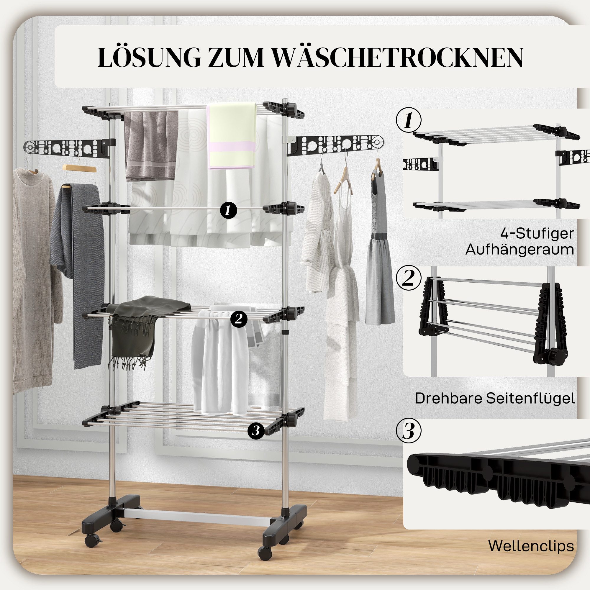 HOMCOM Wäscheständer Turm Standtrockner mit 4 Ebenen, klappbare Flügel, Rollen, für Indoor, Outdoor, Stahl Schwarz 80,142 x 55 x 172 cm – Bild 5 von 5