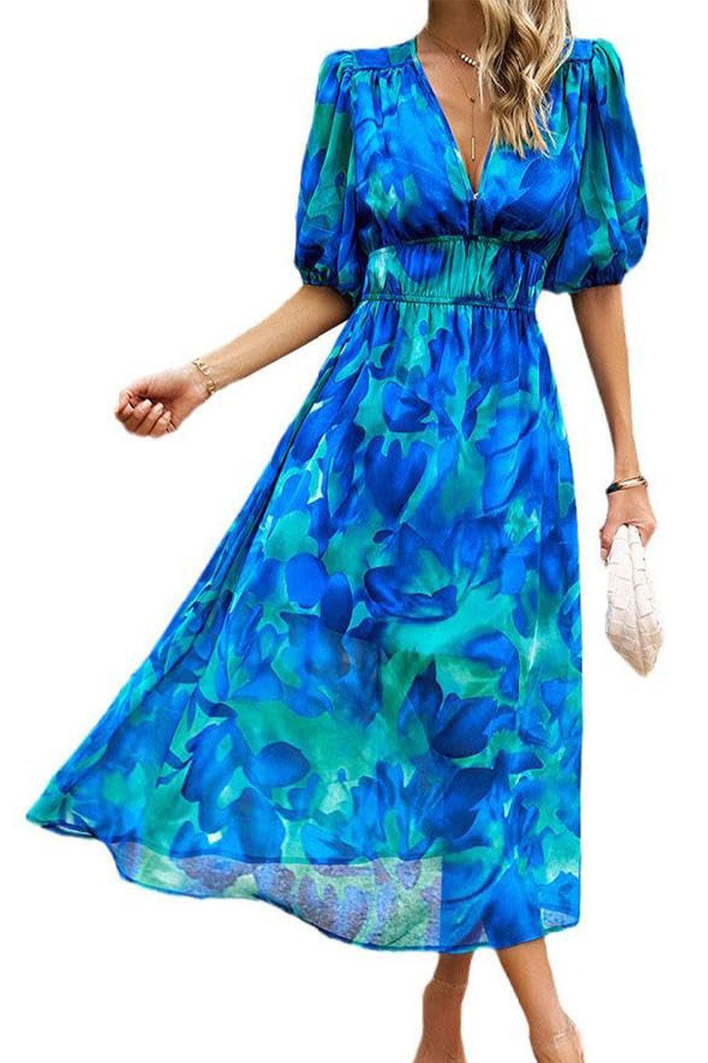 BlauWave Abendkleid Druckkleid Damen V-Ausschnitt kurze (1-tlg., Geeignet für tägliche Reisen) Geeignet für den Sommer, sehr bequem