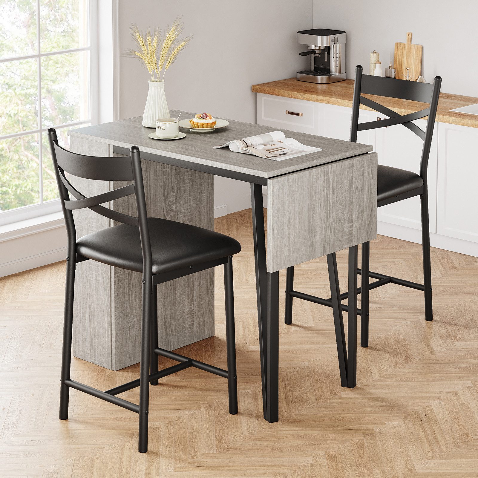 GarveeMore Essgruppe Esstisch Klappbar mit 2 Stühlen für Küche & Esszimmer, Bartisch,Ktichen Tisch mit 2 Gepolsterter Sitz und 3 Ablagen – Bild 3 von 5