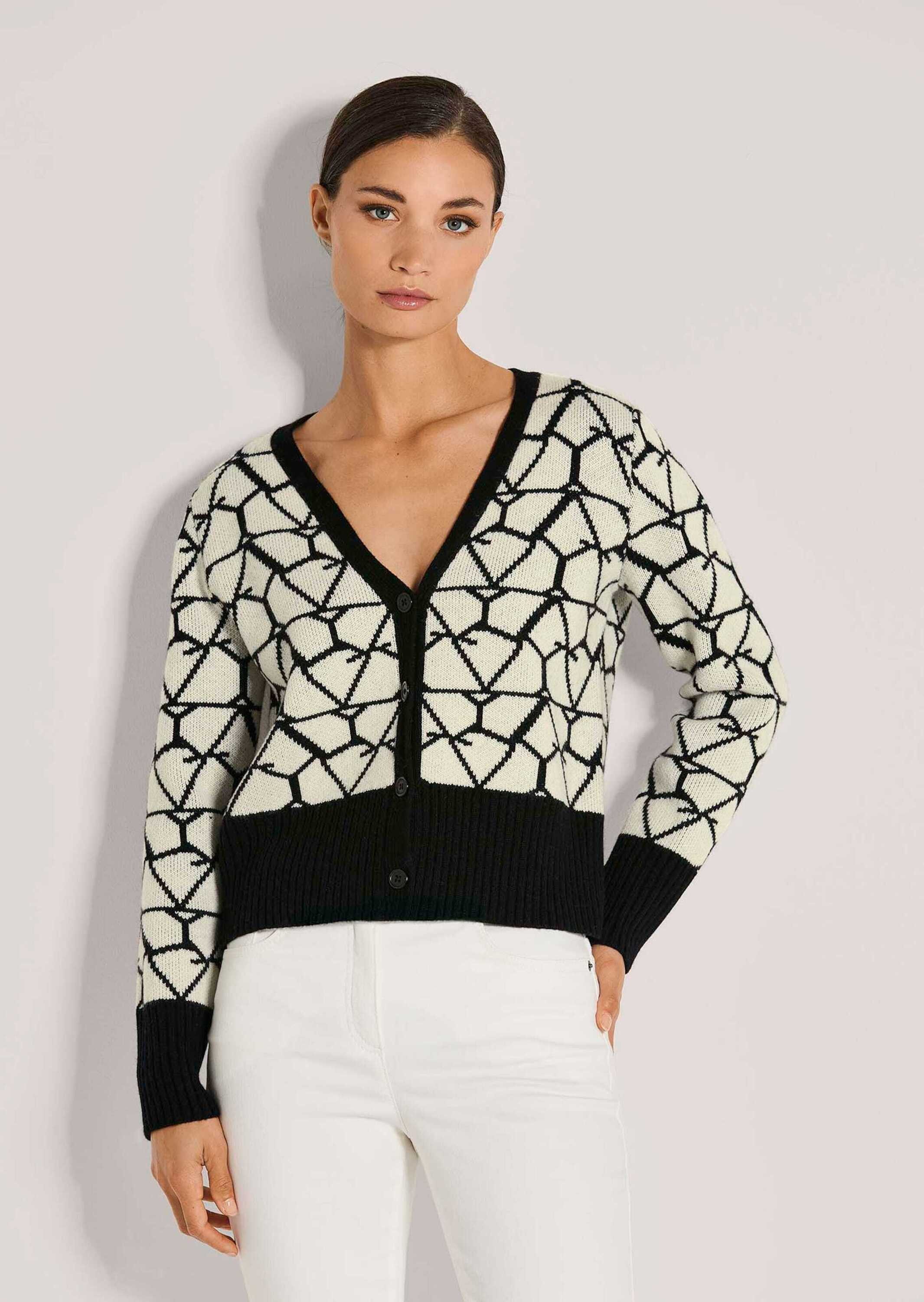MADELEINE Strickjacke Langarm Jacquard-Cardigan mit Kaschmir Verkürzte Strickjacke mit V-Ausschnitt, Knopfleiste