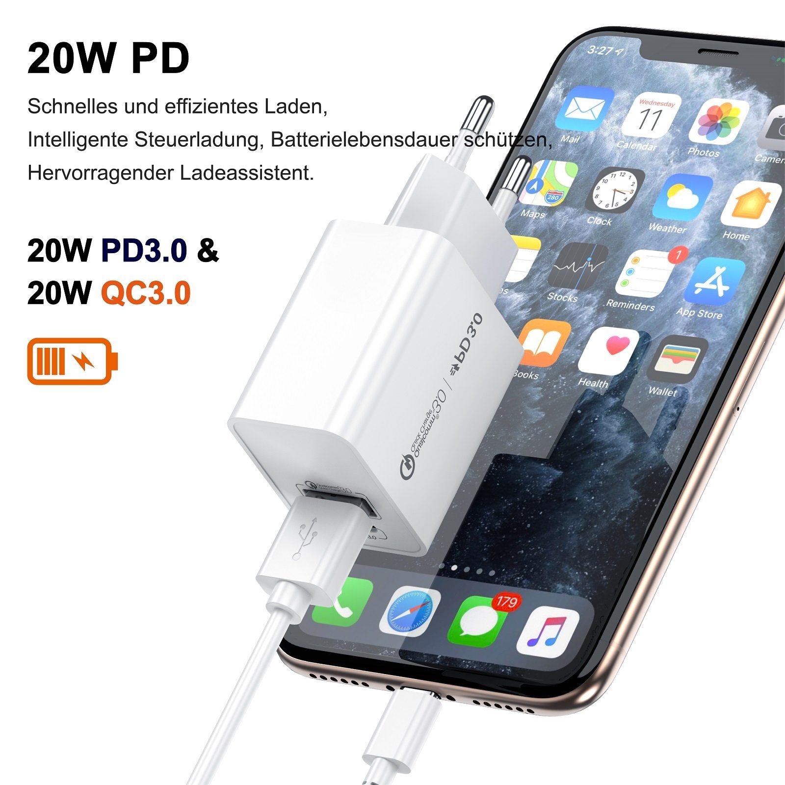 neue dawn 20W USB C Schnell Ladegerät für iPhone Air 17 16 15 14 13 12 11 Serie USB-Ladegerät (Schnellladegerät,für iPhone Samsung iPad Google, für iPad Air 2025/iPad Pro/iPad mini/Airpod pro Serie, für MacBook Neo)