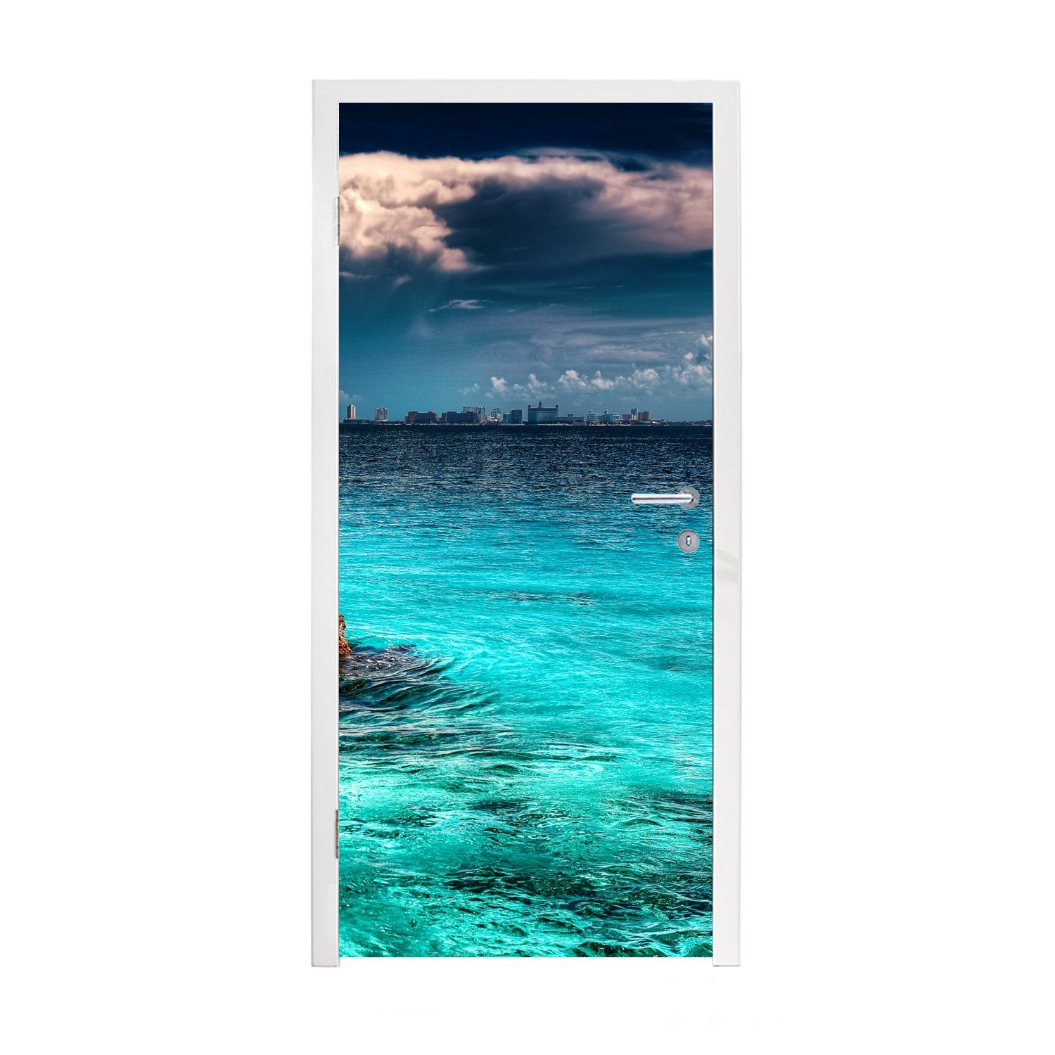MuchoWow Türtapete für nordamerikanischen Die Türaufkleber, von 75x205 Tür, Fototapete von Cancun den (1 der bedruckt, Skyline Matt, Gewässern cm Isla, St)