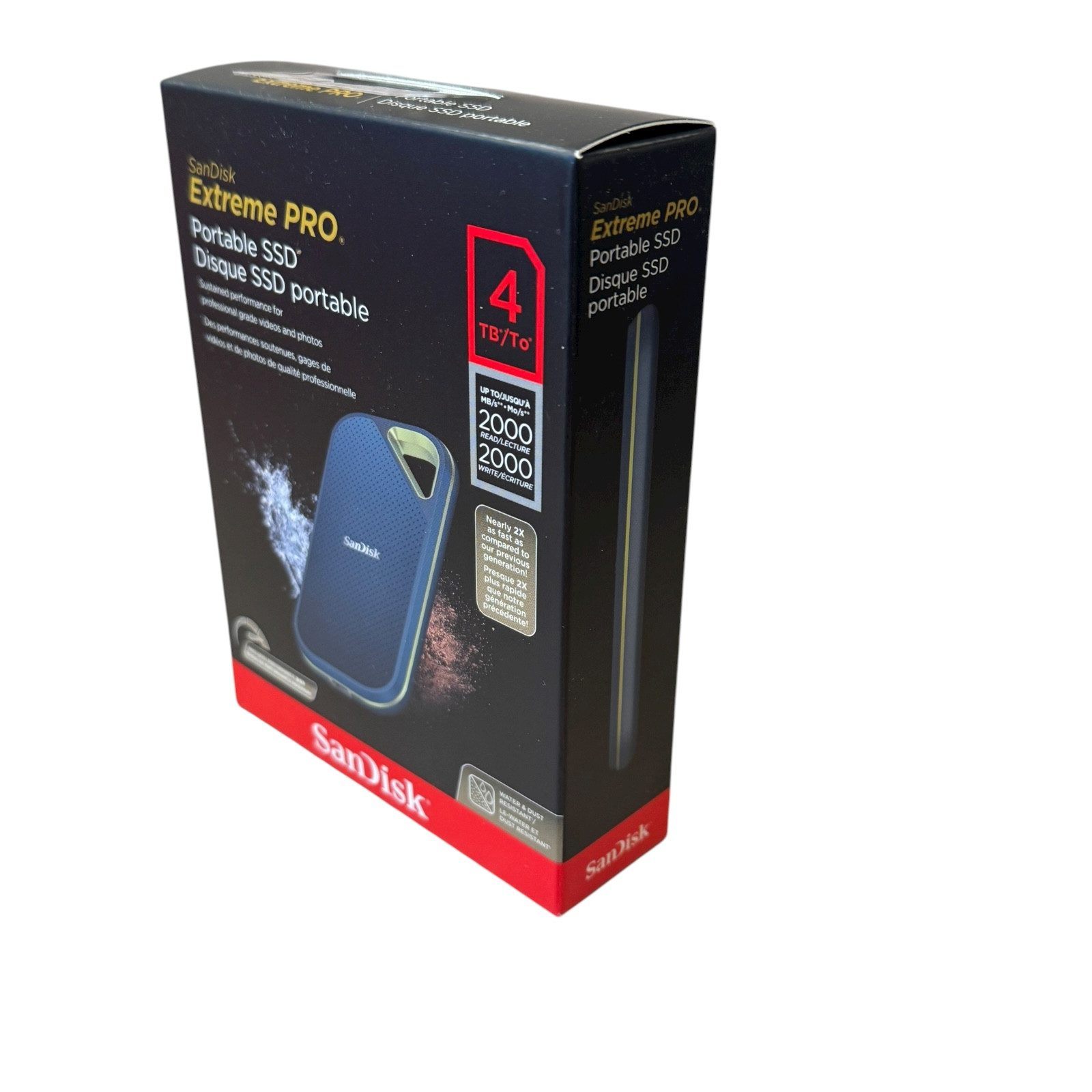 Sandisk SanDisk Extreme PRO Portable SSD 4 TB 2,5 Zoll, 2.000 MB/s externe SSD (4 TB) Flach, rechteckig, sehr handlich – etwa in der Größe einer kleinen Powerbank" 2000 MB/S Lesegeschwindigkeit, bis zu 2000 MB/s MB/S Schreibgeschwindigkeit, Übertragungsgeschwindigkeit bis zu 2000 MB/s, IP65‑Schutzklasse