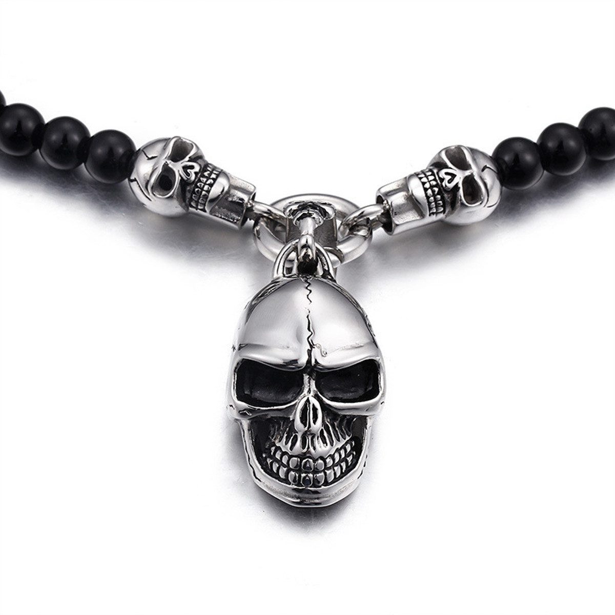 KARMA Kette mit Anhänger Herren Perlenkette schwarz Totenkopf Halskette Herrenschmuck Kette (modern, Geschenk für Ihn Herren Männer Herrenschmuck), Totenkopfkette Totenkopfhalskette Glasperlen Edelstahl